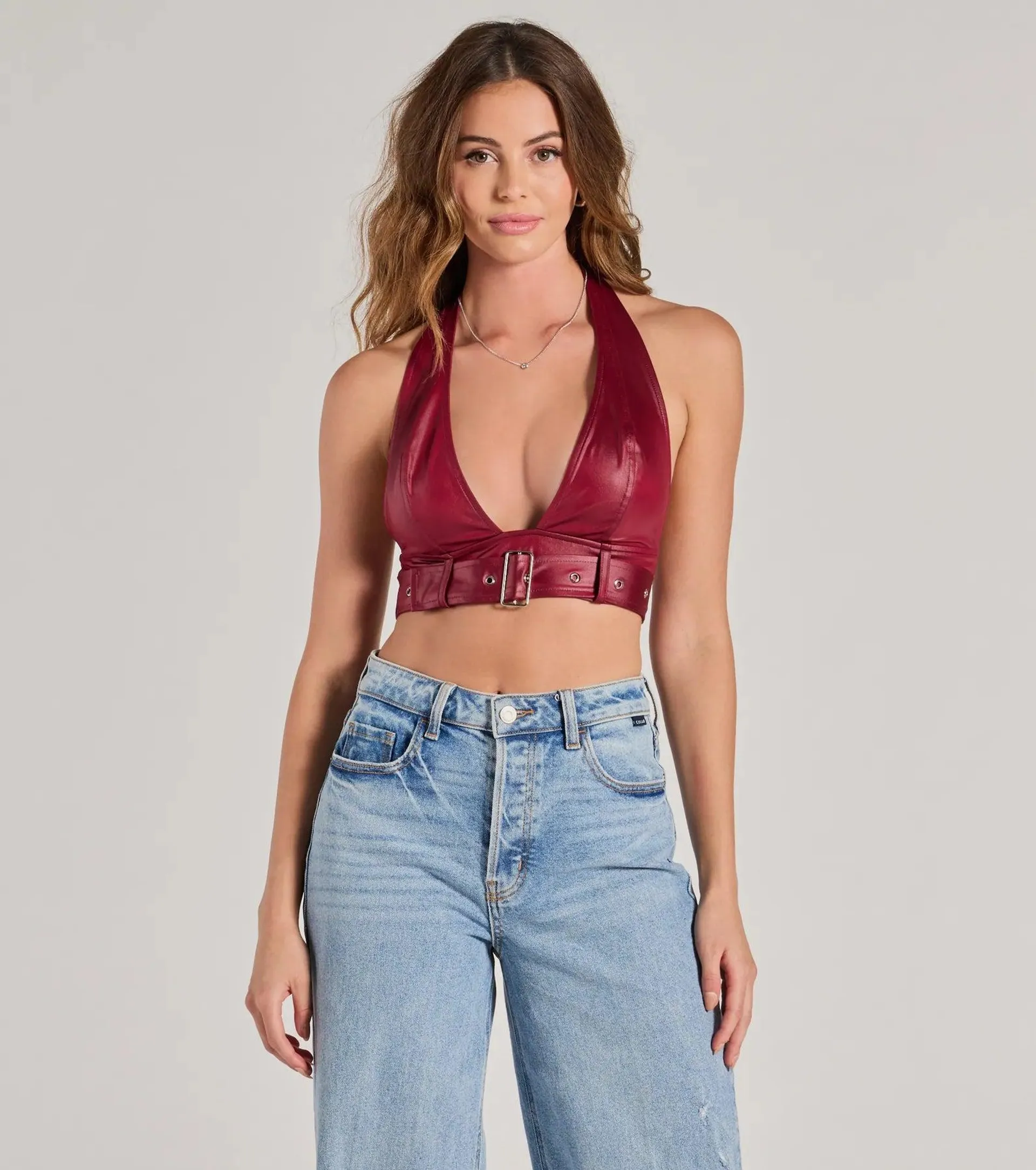 Sultry Vibe Plunge Halter Faux Leather Crop Top