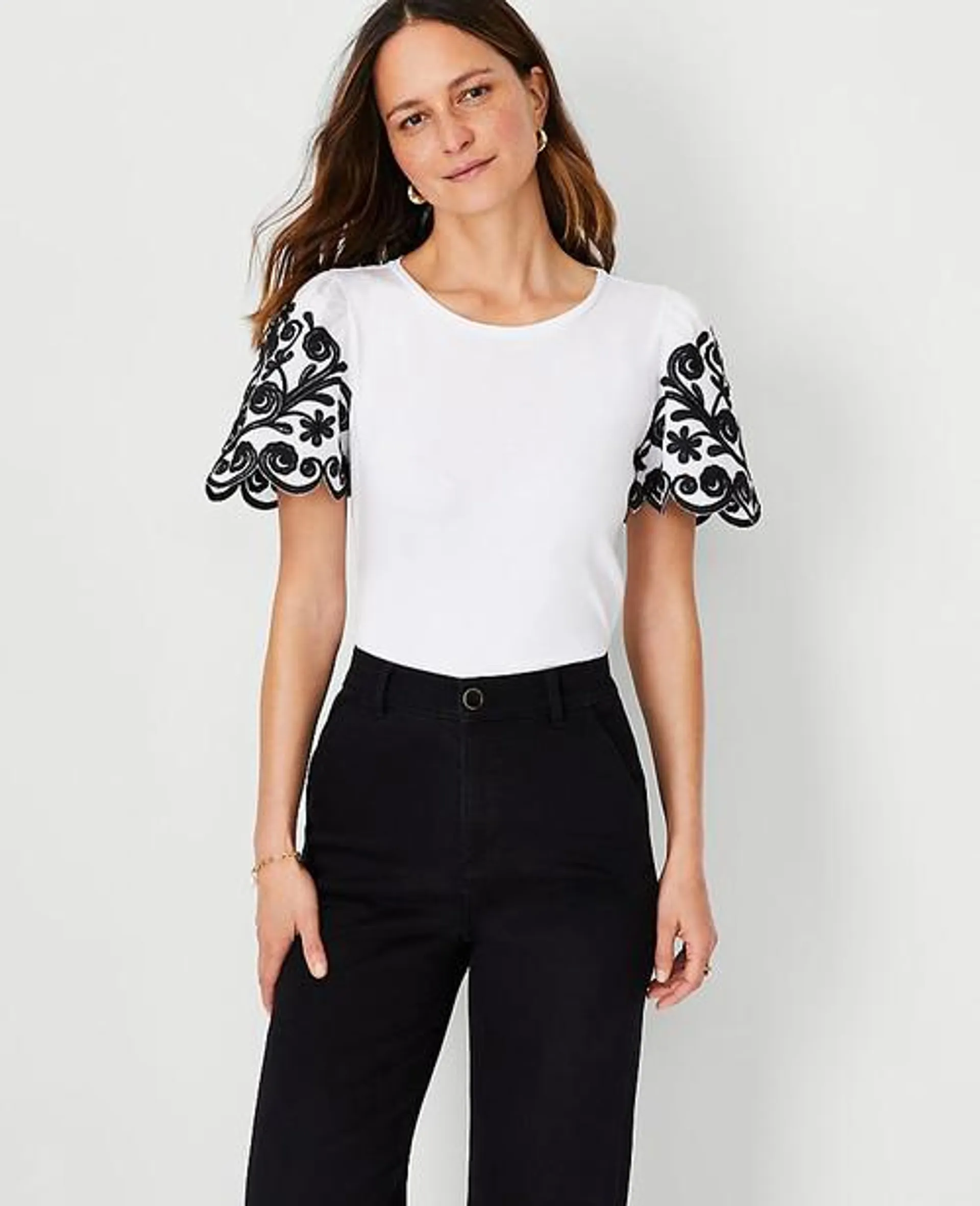 Camisas Ann Taylor Floral Embroidered Sleeve Negros | 165098-ATY