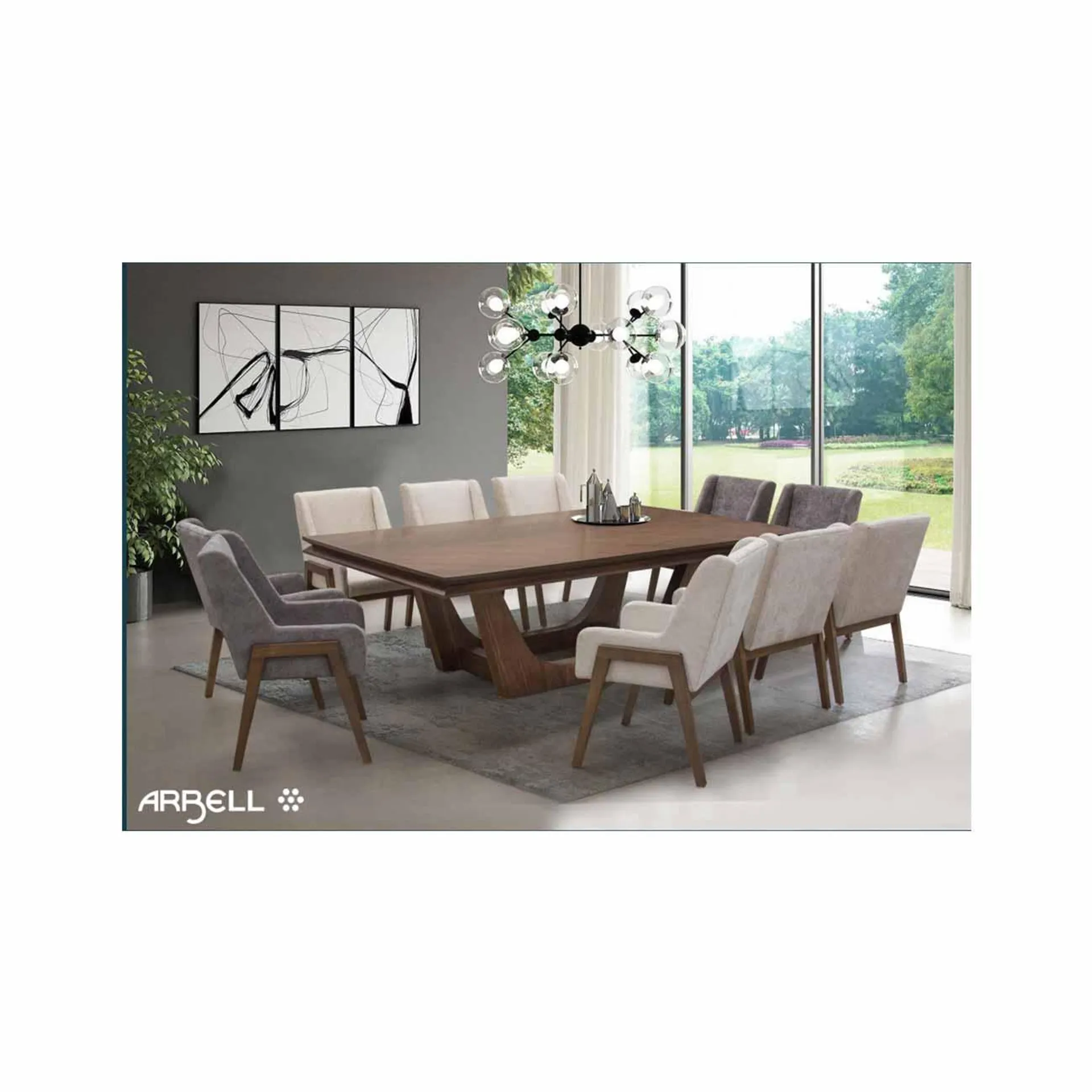COMEDOR NORUEGA MESA 1.50 X 2.40 M CHAPA NOGAL ACABADO MATE CON 10 SILLAS COLOR BEIGE