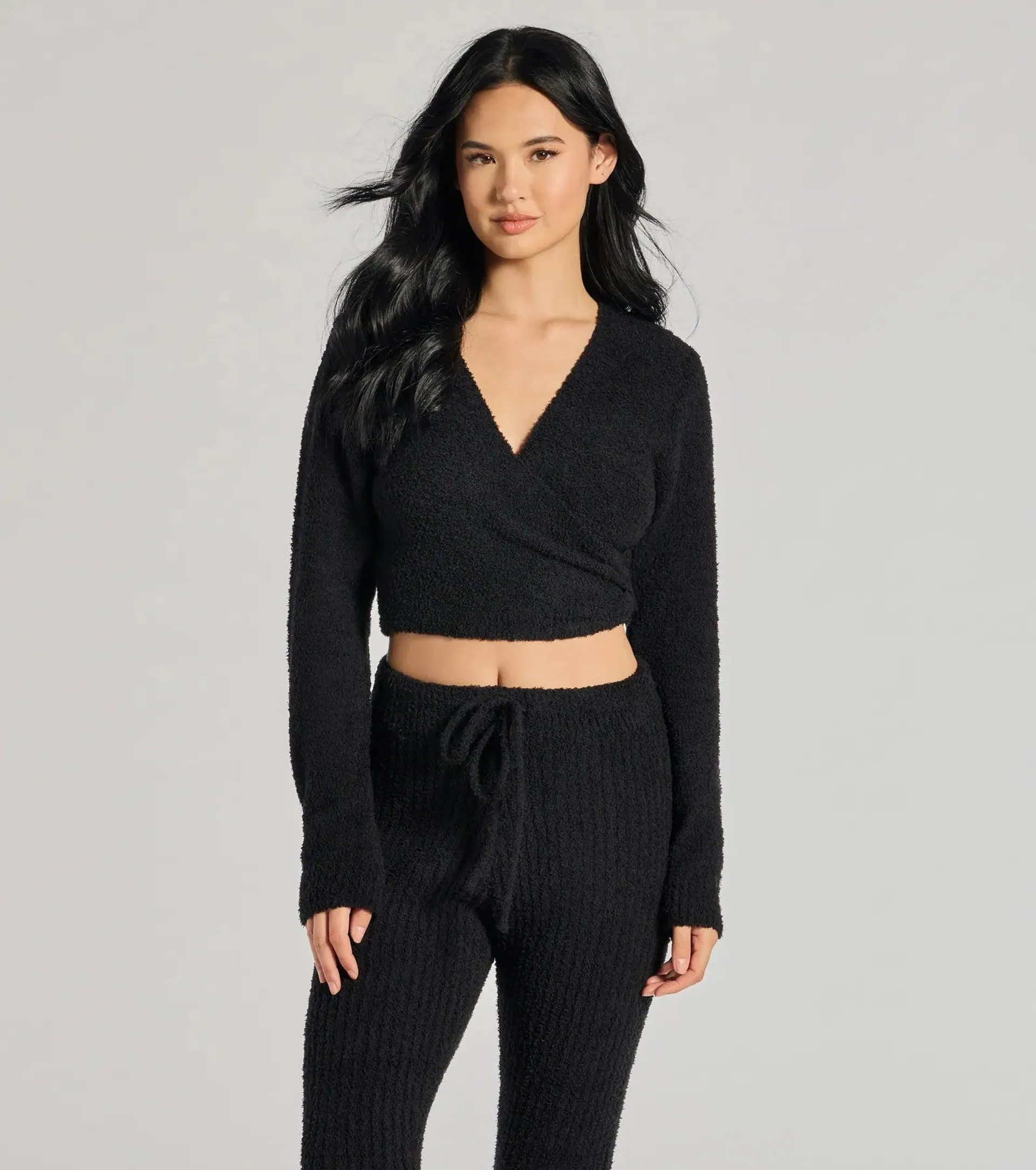 Cozy Life Chenille Knit Wrap-Front Crop Top