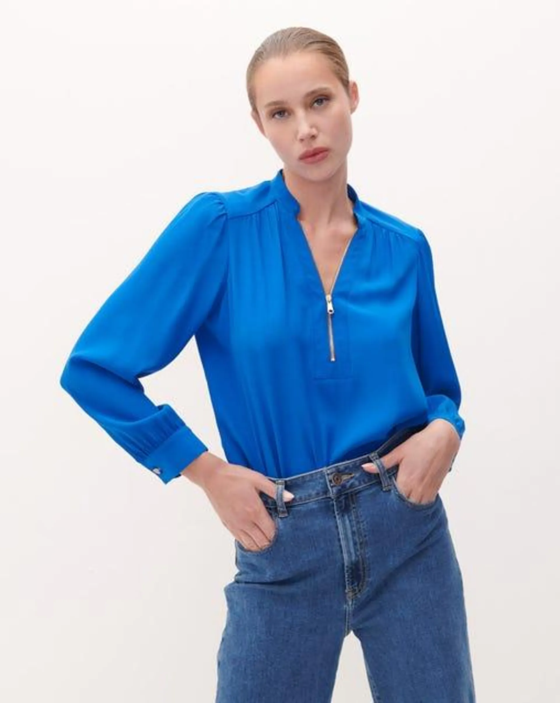 Blusa Cuello Mao Azul Francia Escote Con Cierre