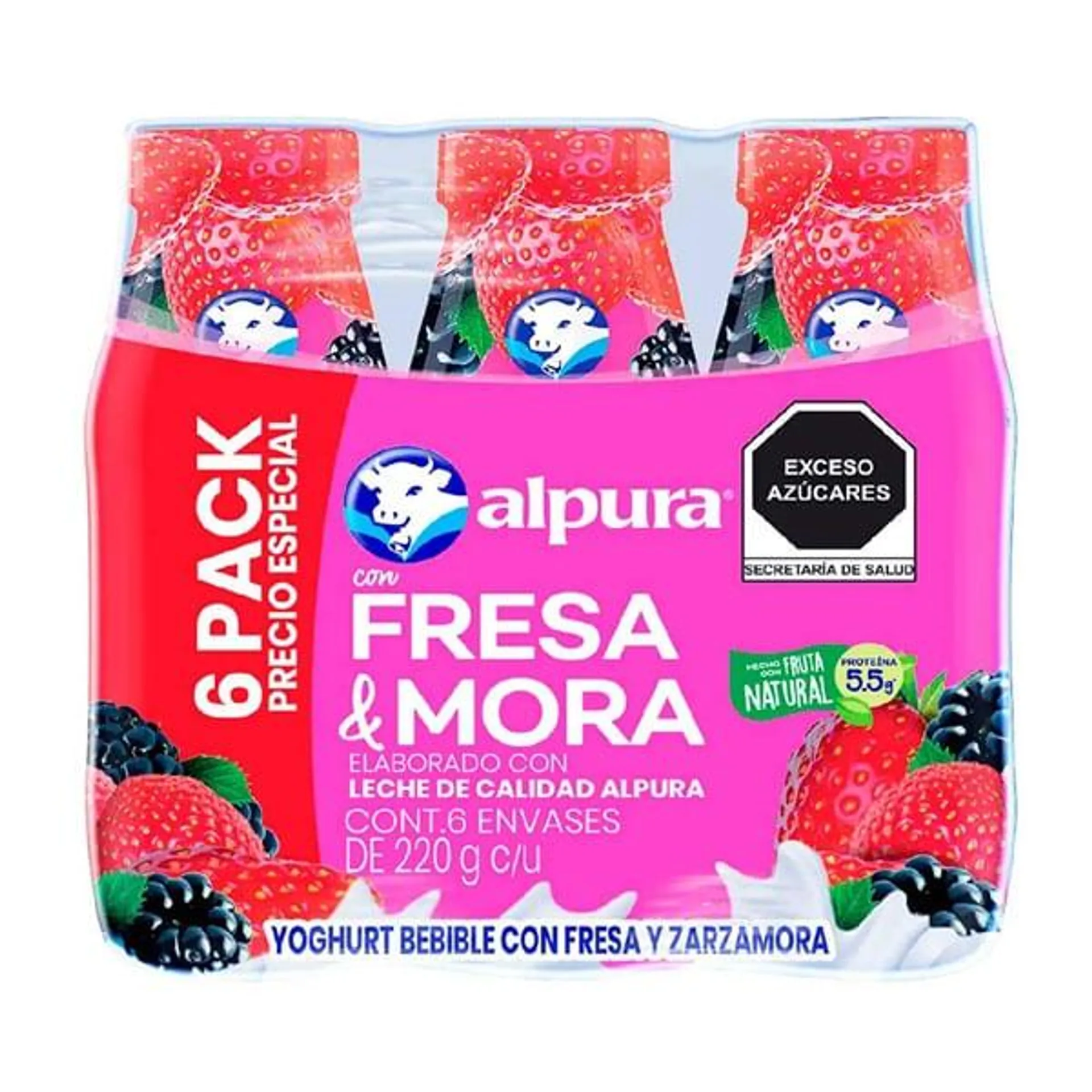 Yoghurt Alpura bebible fresa mora pack con 6 piezas de 220 g