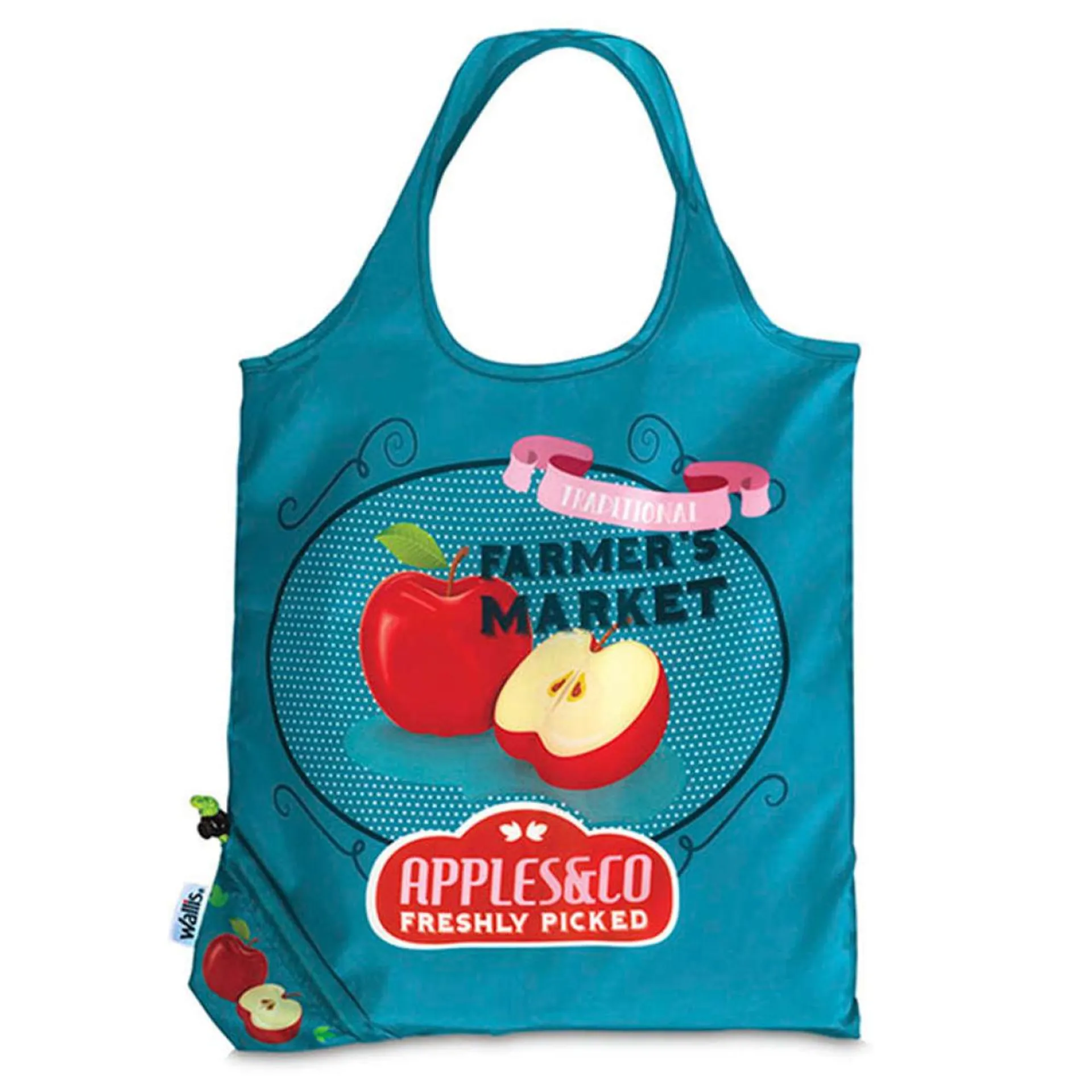 Bolsa ecológica plegable, asas reforzadas, 100% poliéster, azul/estampado manzana