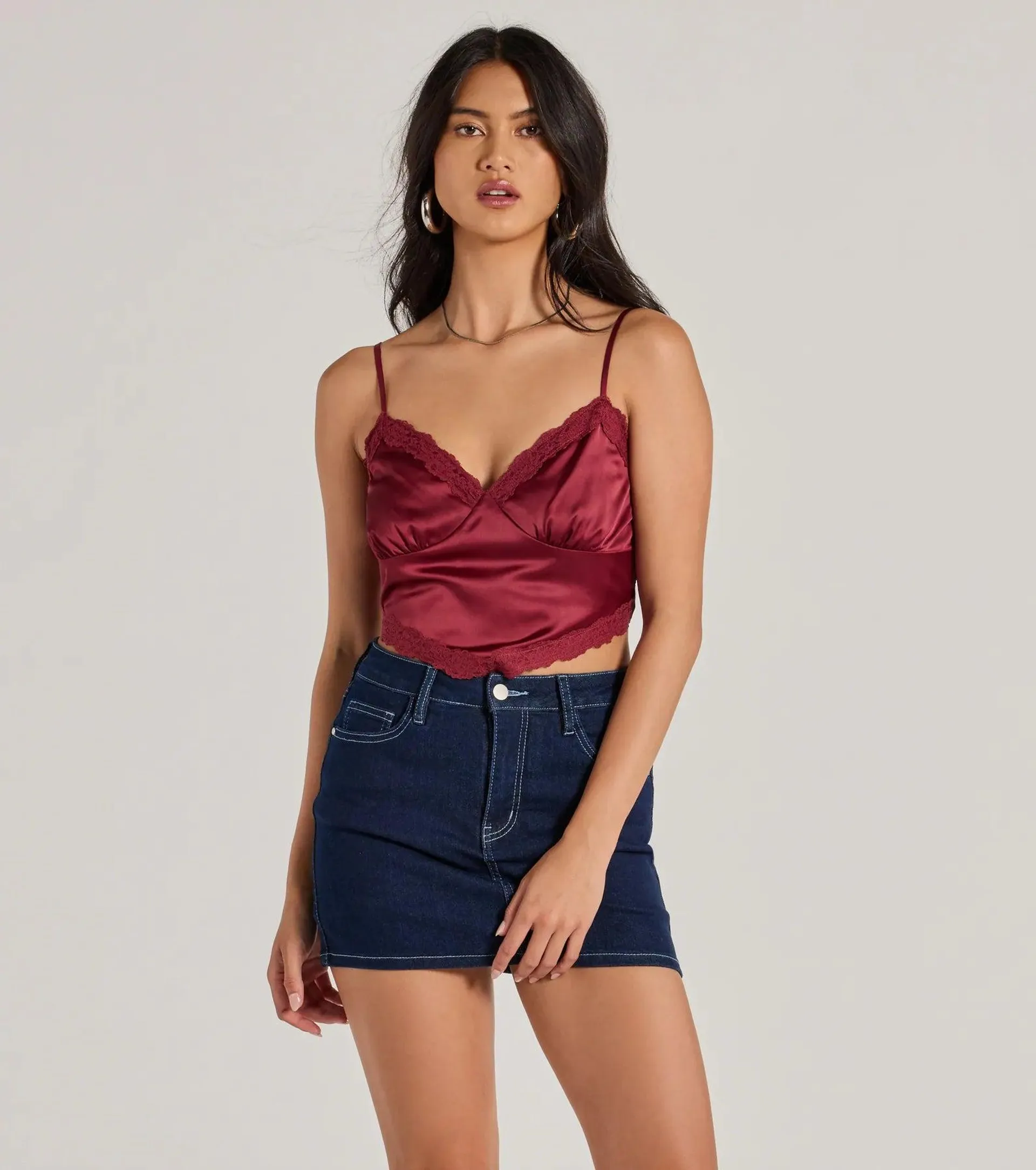 Romance In The Air Lace Trim Satin Cami Crop Top