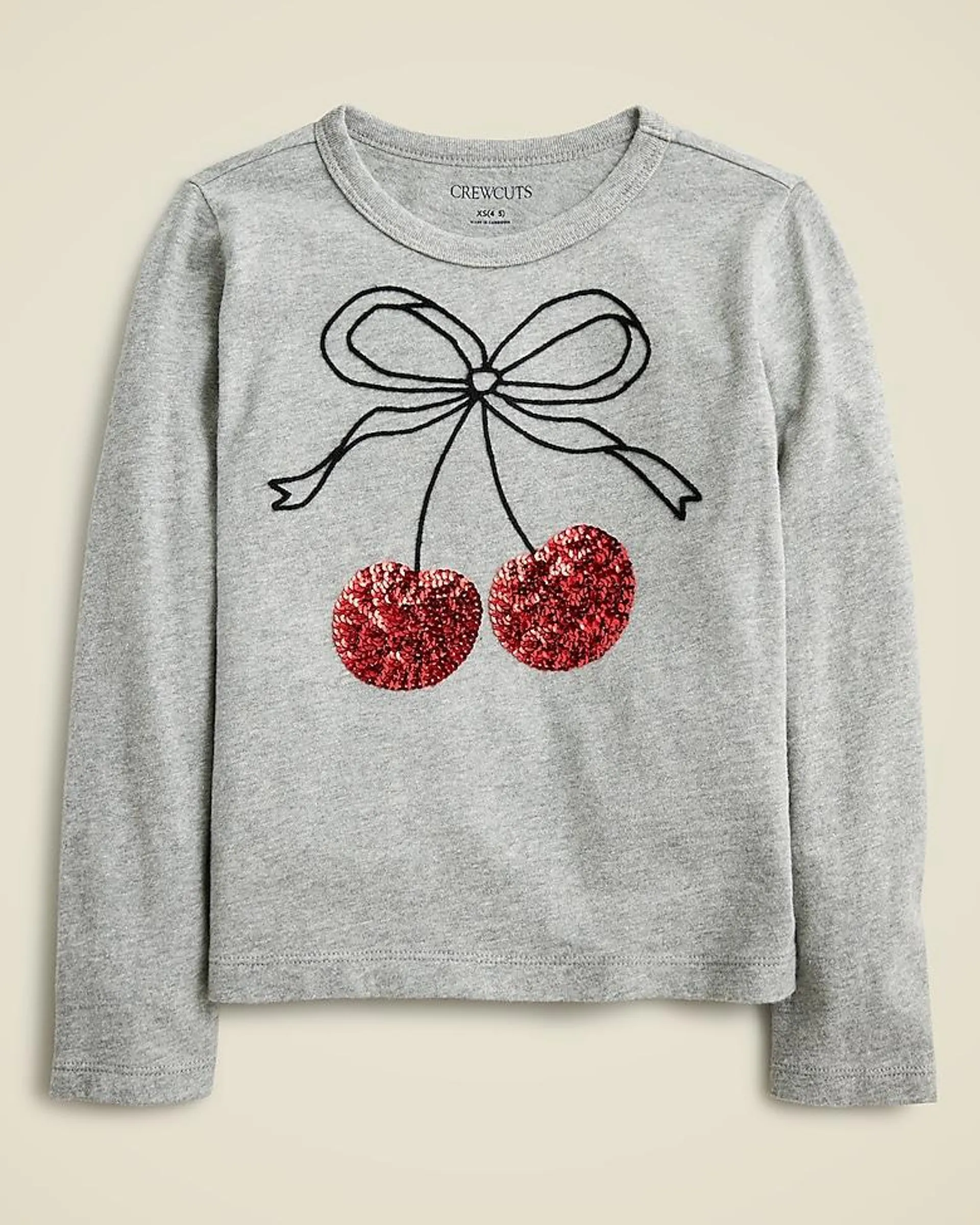 Girls' long-sleeve cherry bow graphic T-shirt with sequins