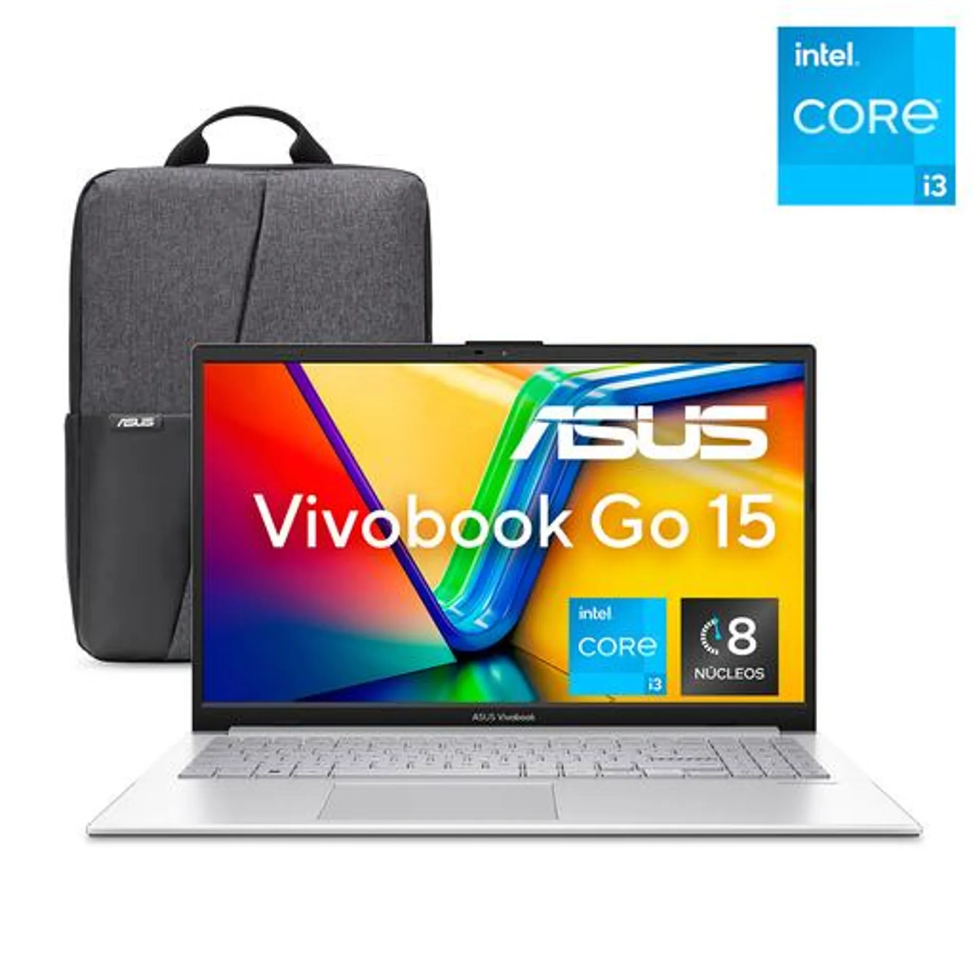 Bundle Laptop Asus Vivobook Go 15 Intel Core i3 15.6 pulg. 512gb SSD 8gb RAM más Mochila ASUS