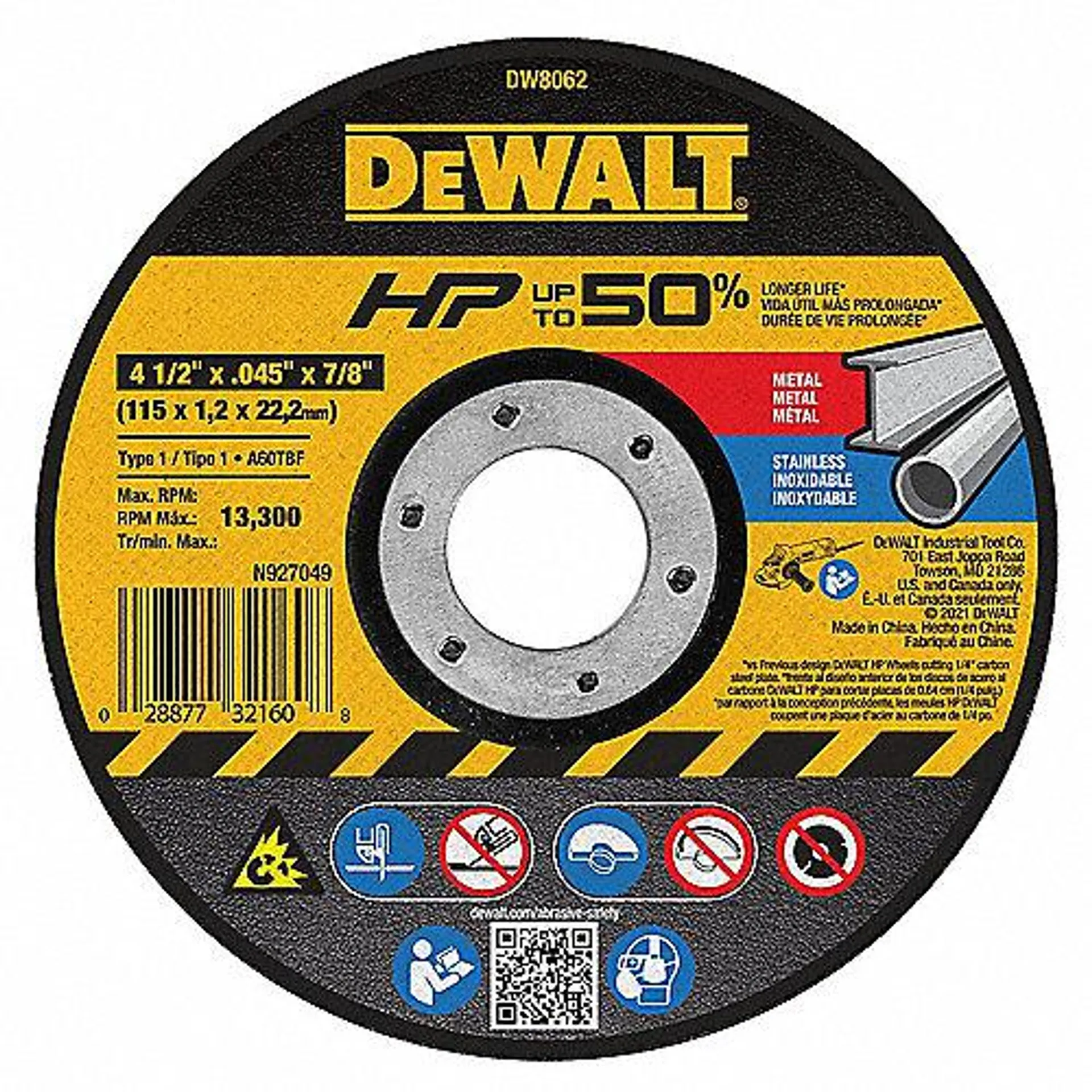 Disco de Corte Abrasivo A60T 4 1/2" Grano 60 para Metales Ferrosos, Acero Inoxidable