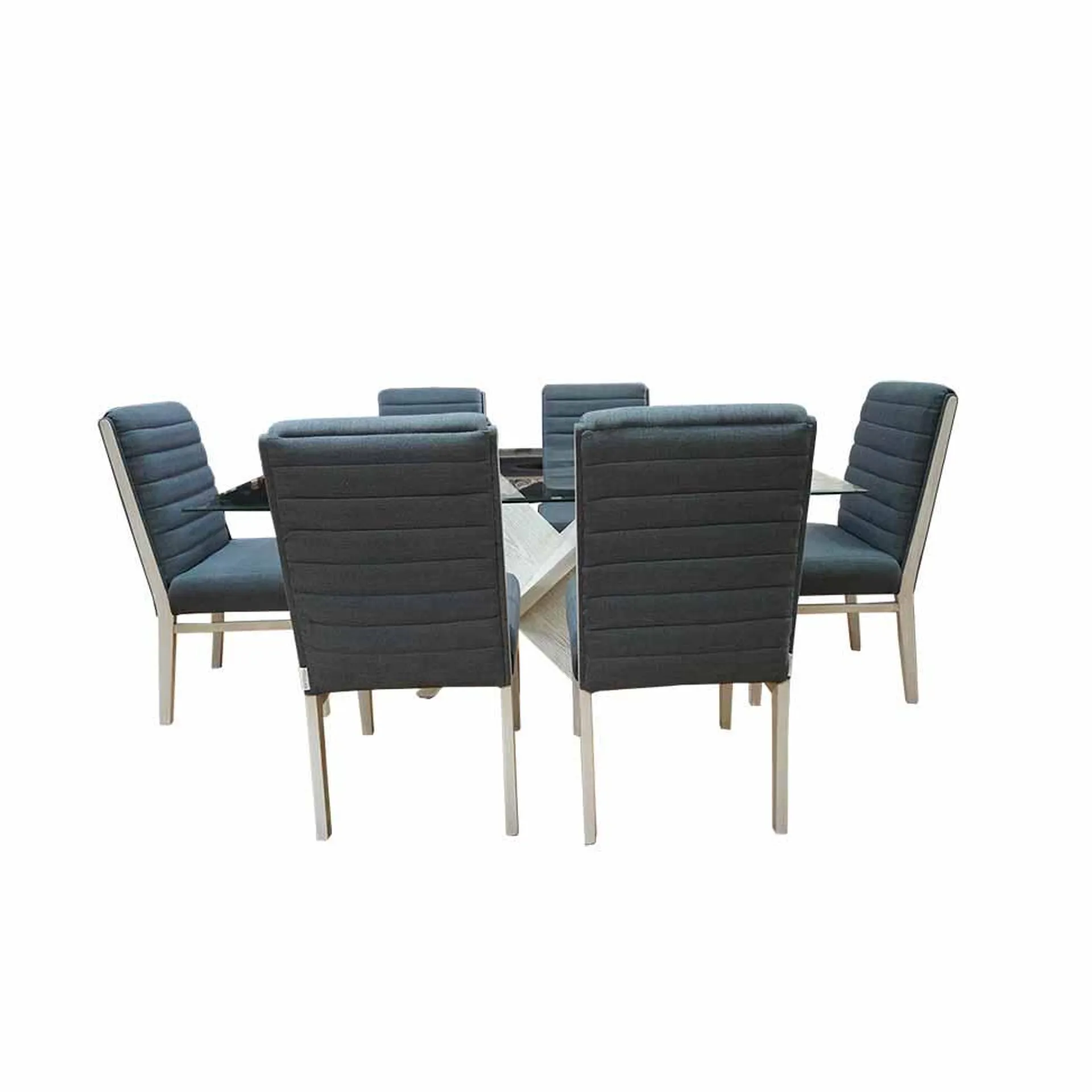 COMEDOR GRACE 6 SILLAS BASE GRIS Y CRISTAL RECTANGULAR