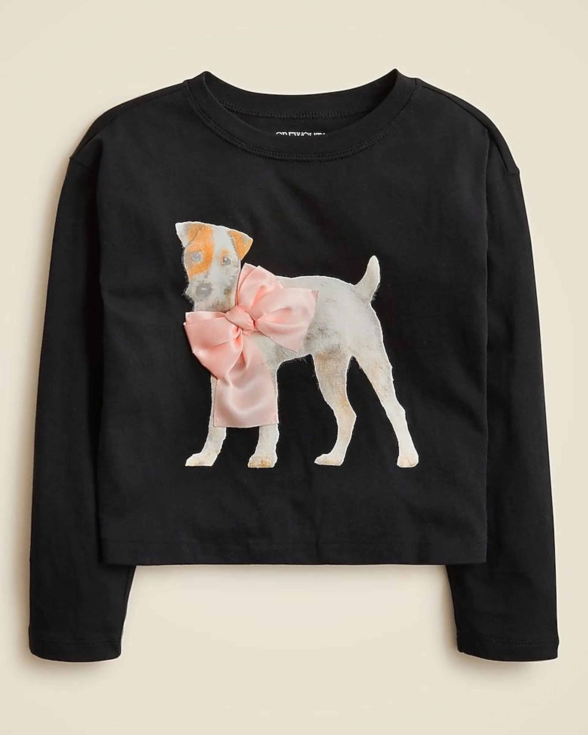 Girls' long-sleeve bow-collared dog graphic T-shirt