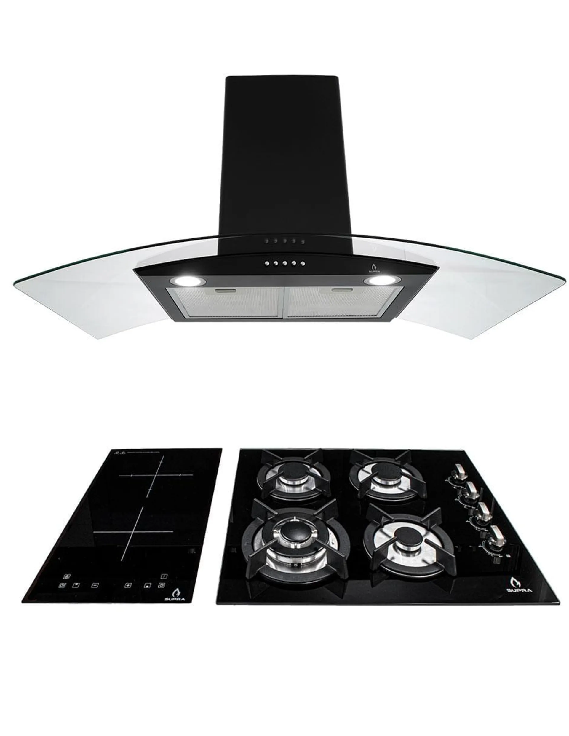 Tricombo Supra GRONA color negro con campana de pared 90cm más parrilla de inducción y parrilla de gas con 4 quemadores