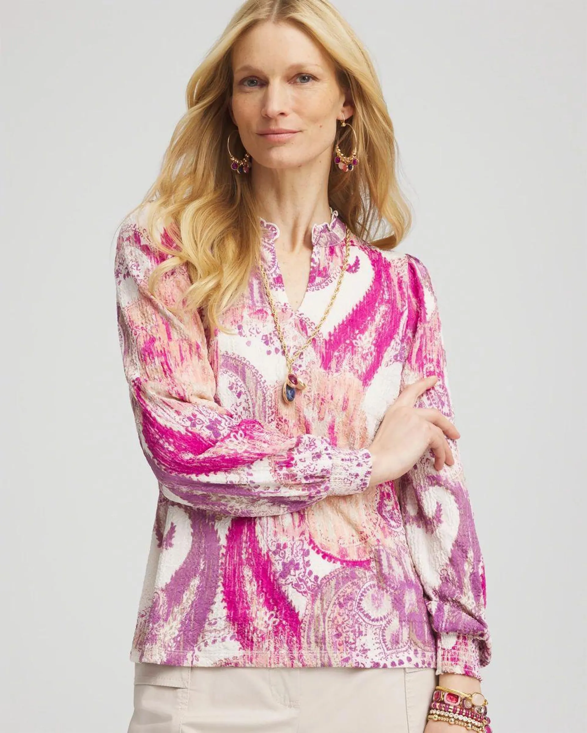 Paisley Smocked Long-Sleeved Tee