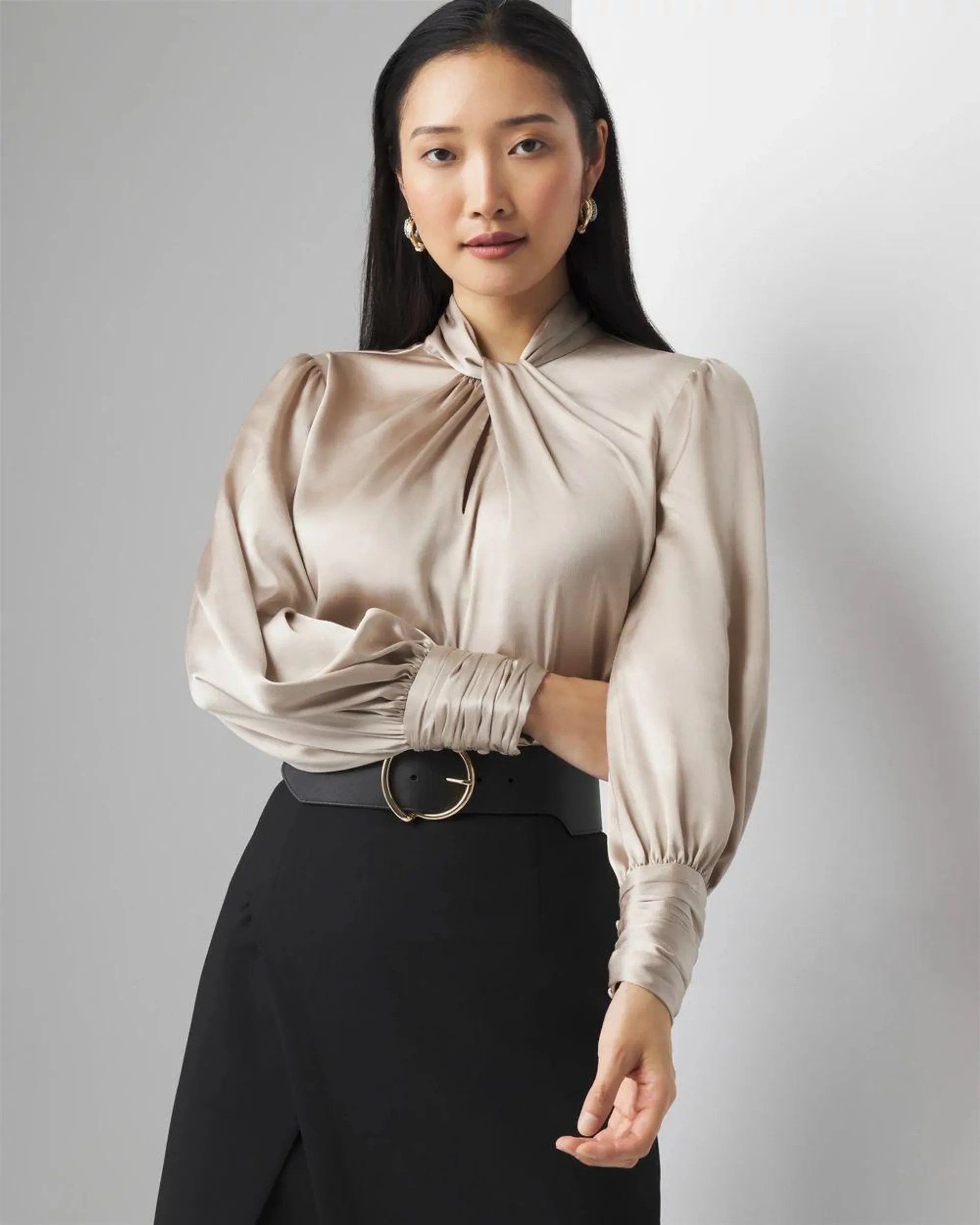 Long Sleeve Twisted Neck Satin Blouse