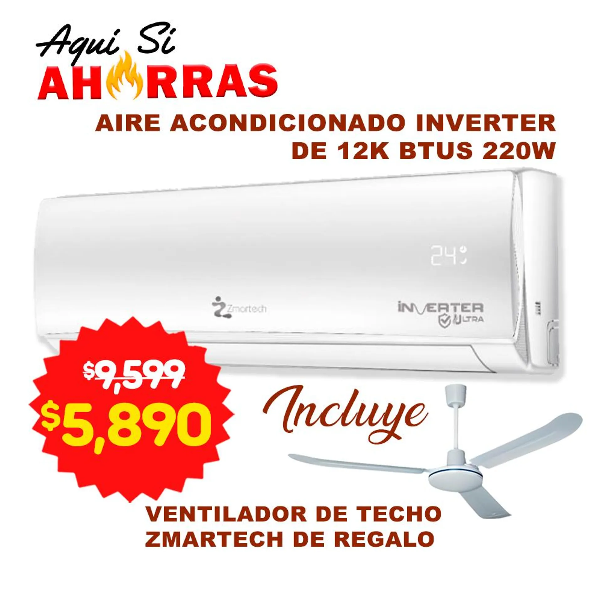 Combo Ahorro Mini Split Inverter Zmartech 220V + Ventilador de techo