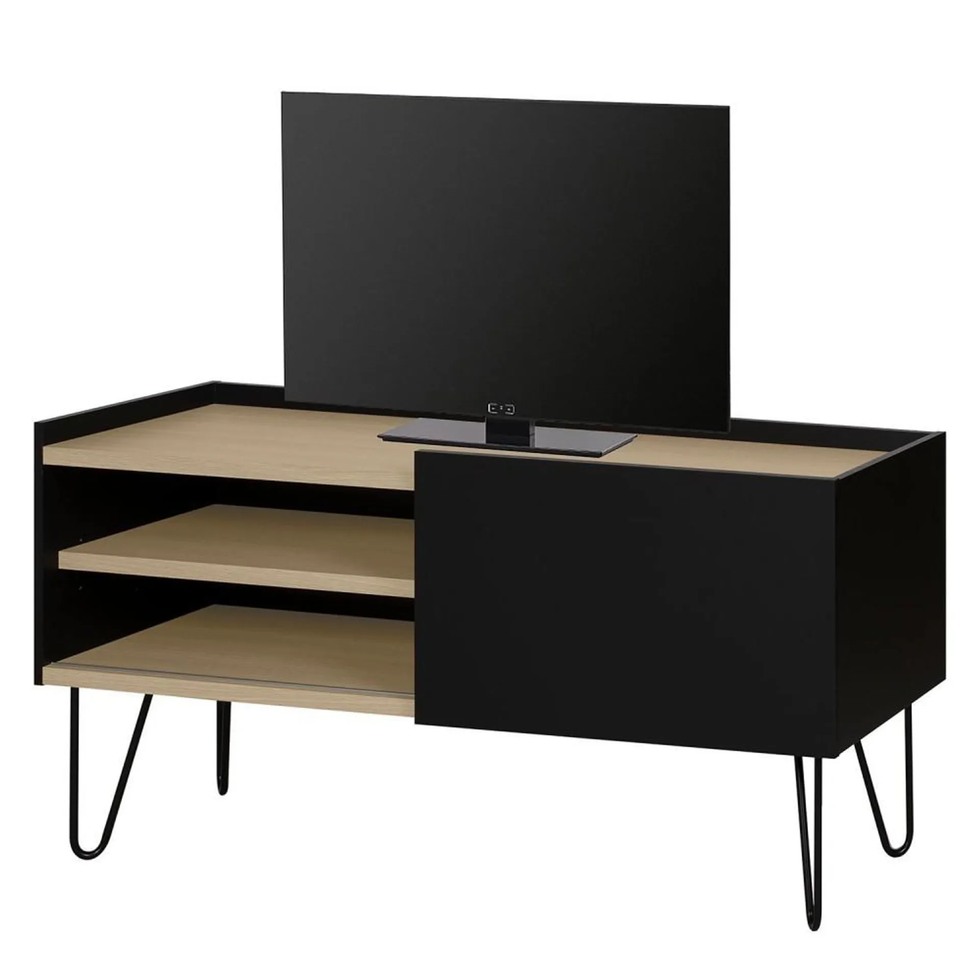 Alekos - Mueble TV estilo moderno con 1 puerta deslizante color roble y negro