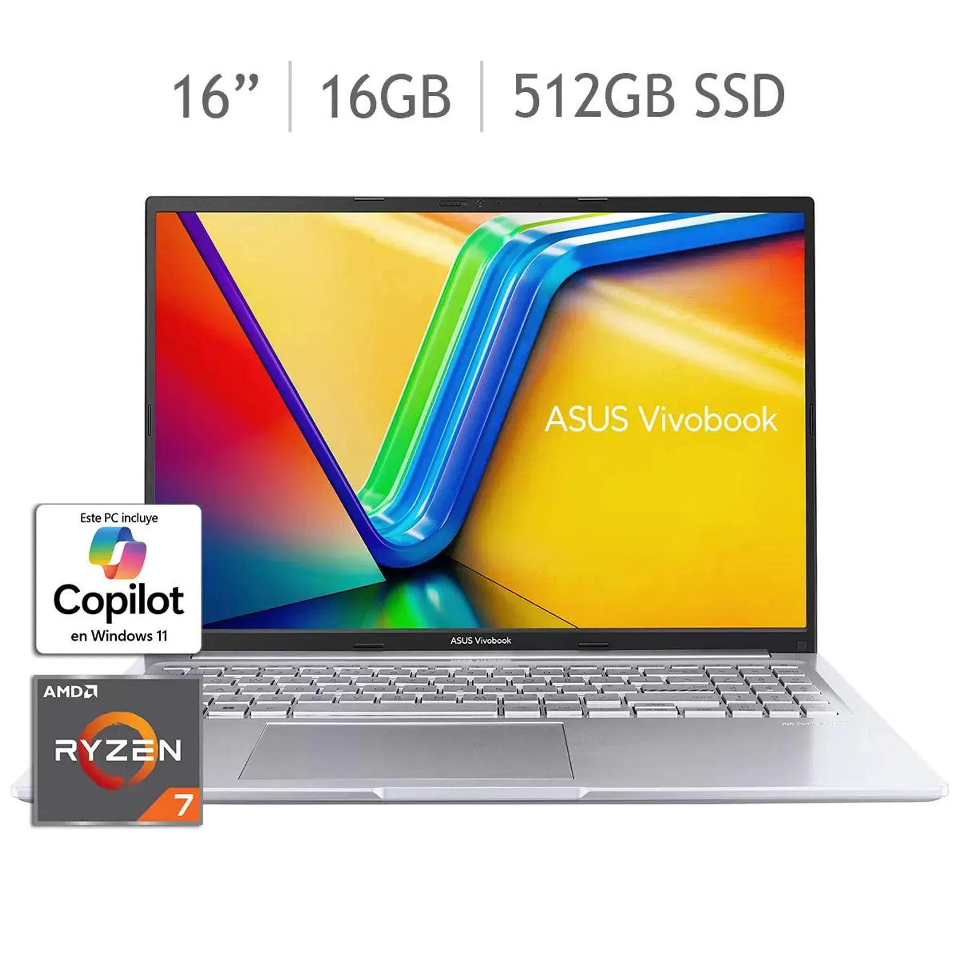 ASUS Vivobook 16 Laptop 16" Full HD AMD Ryzen 7 16GB 512GB SSD PLATEADO