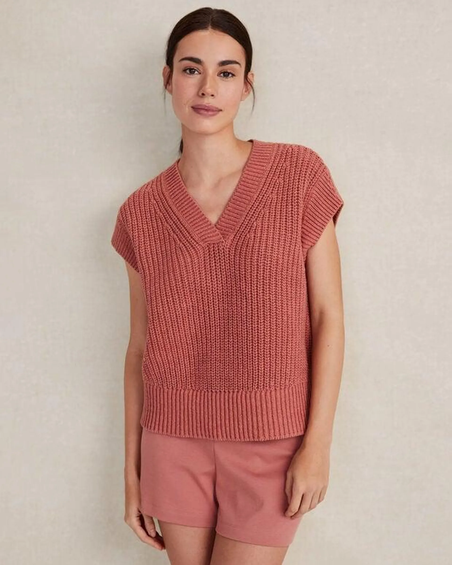 Organic Cotton Linen Shaker Stich V-Neck