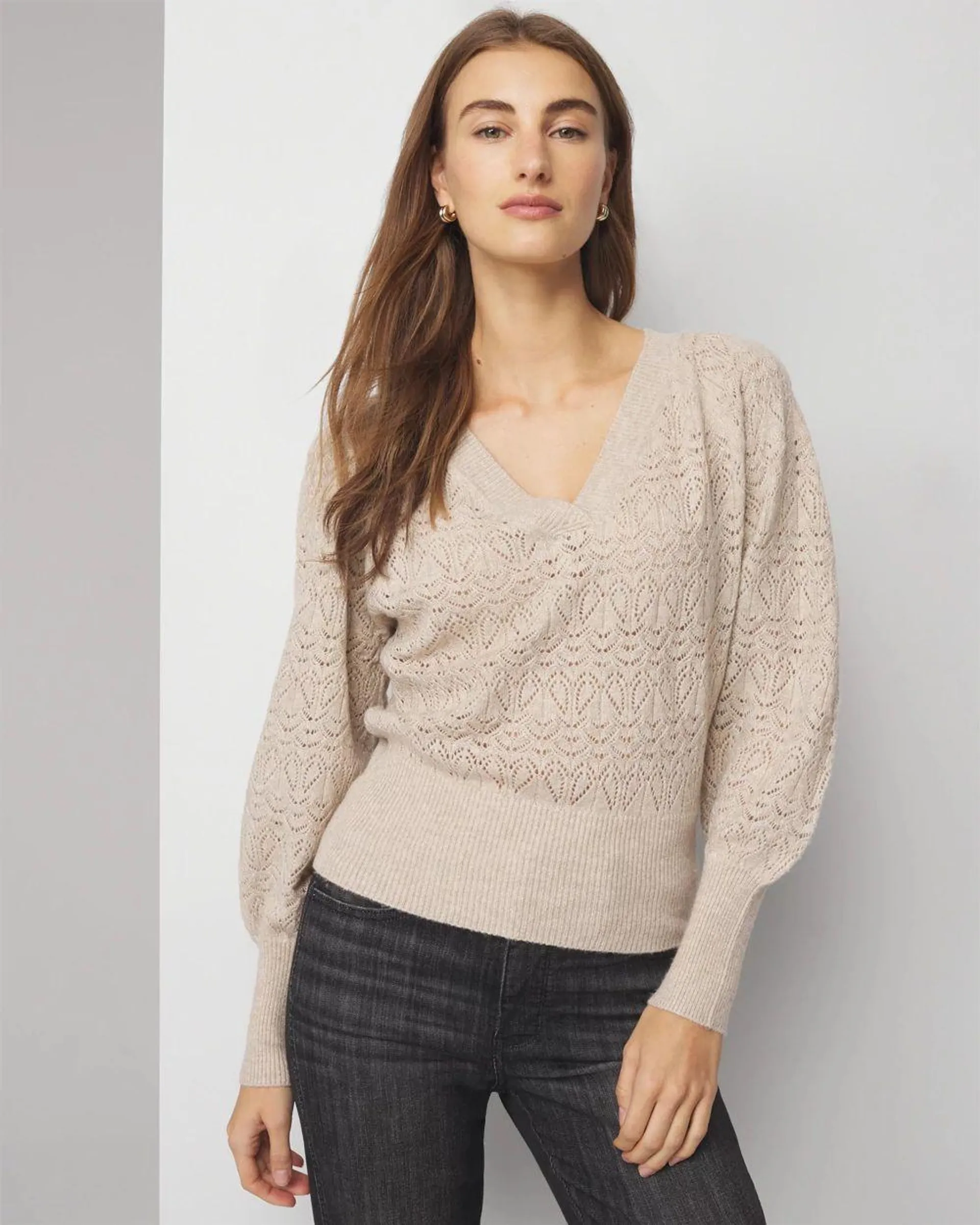 Pleated Shoulder Pointelle Sweater