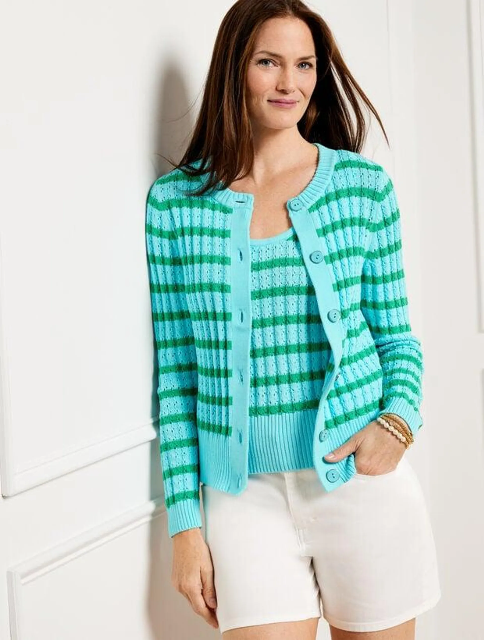 Textured Crewneck Cardigan - Bicolor Stripe