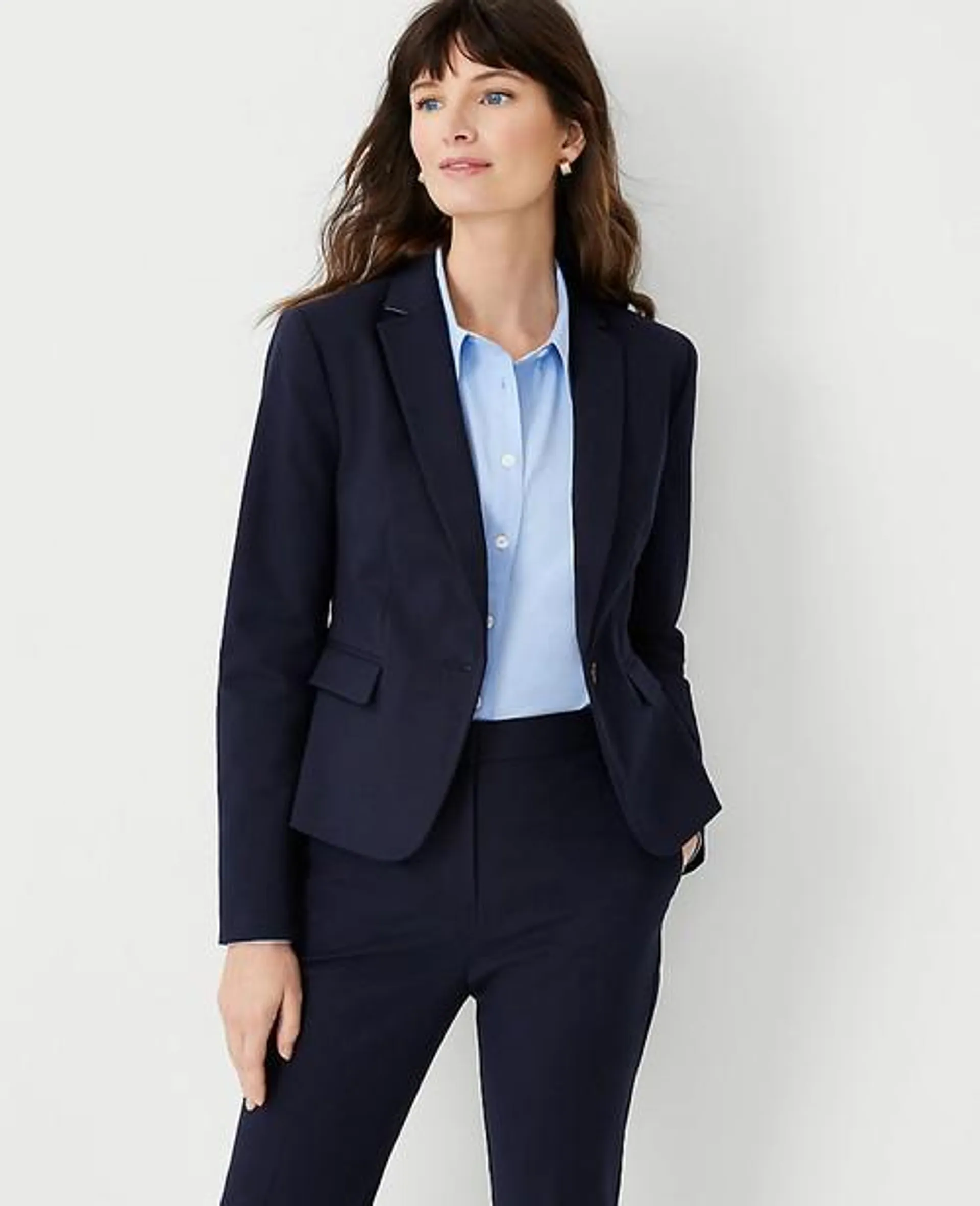 Blazers Ann Taylor The One Button in Stretch Algodon Azules | 654128-UKM