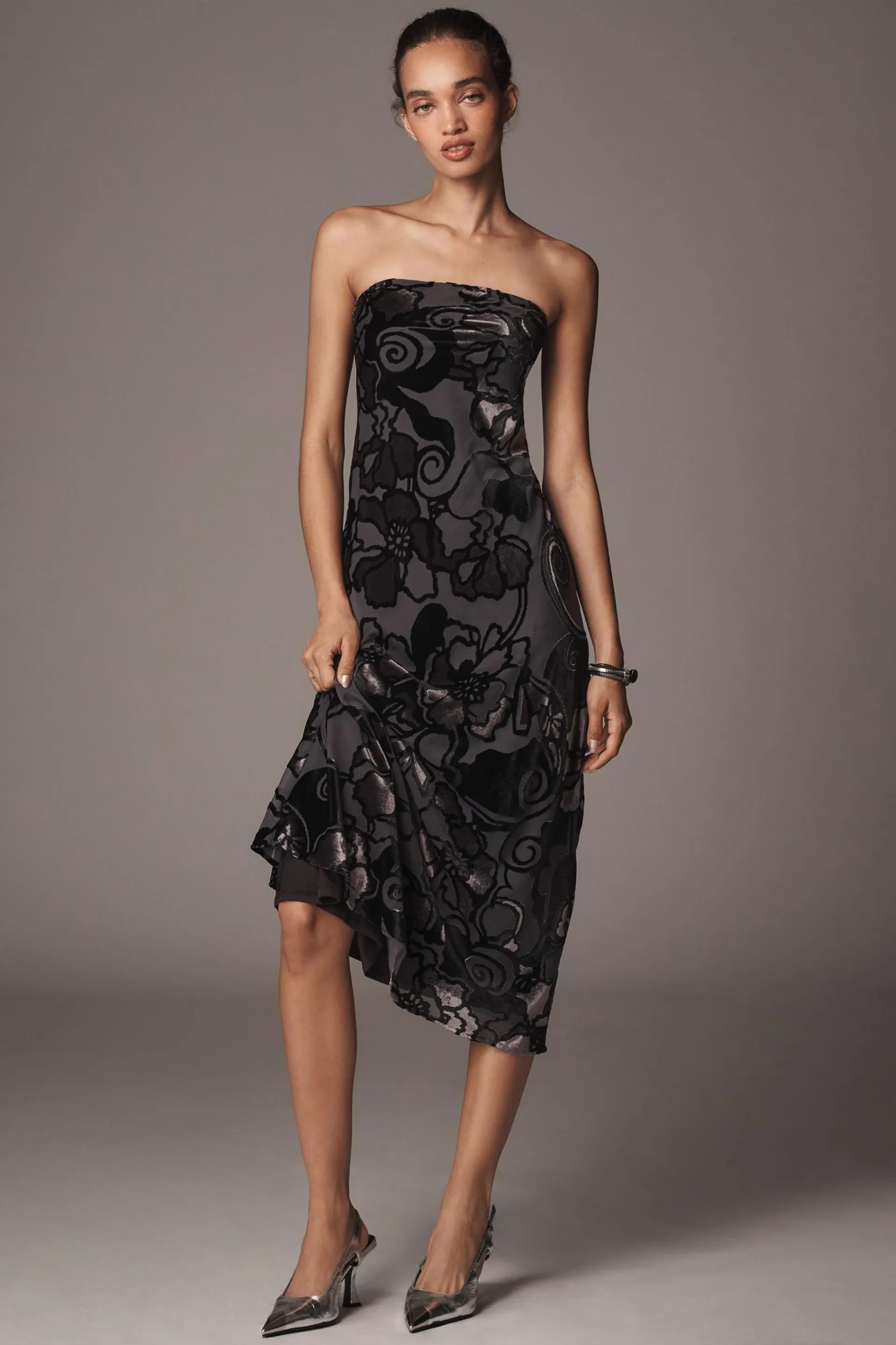 By Anthropologie Strapless Velvet Burnout Dress