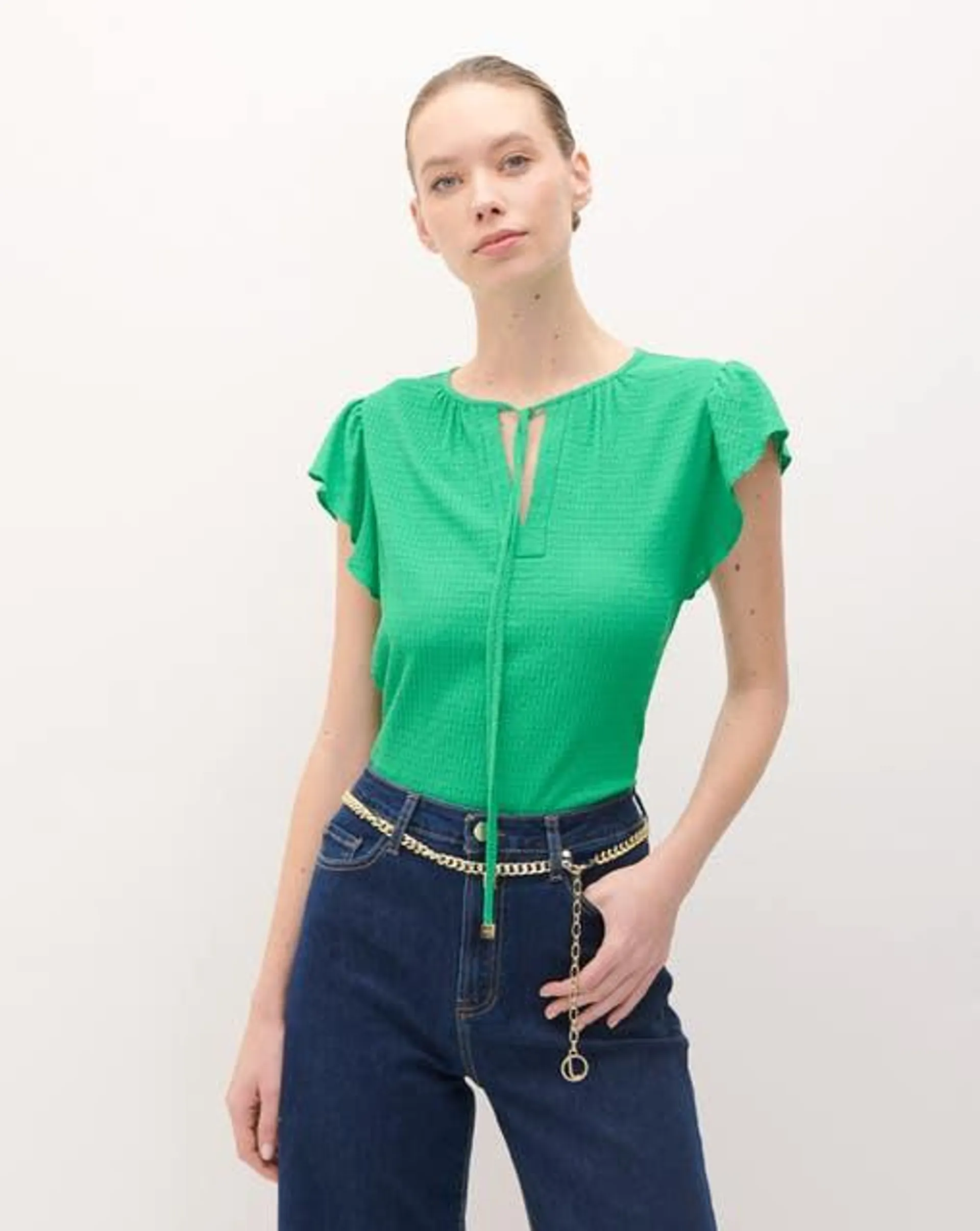 Blusa Verde Manga Escarola Escote V