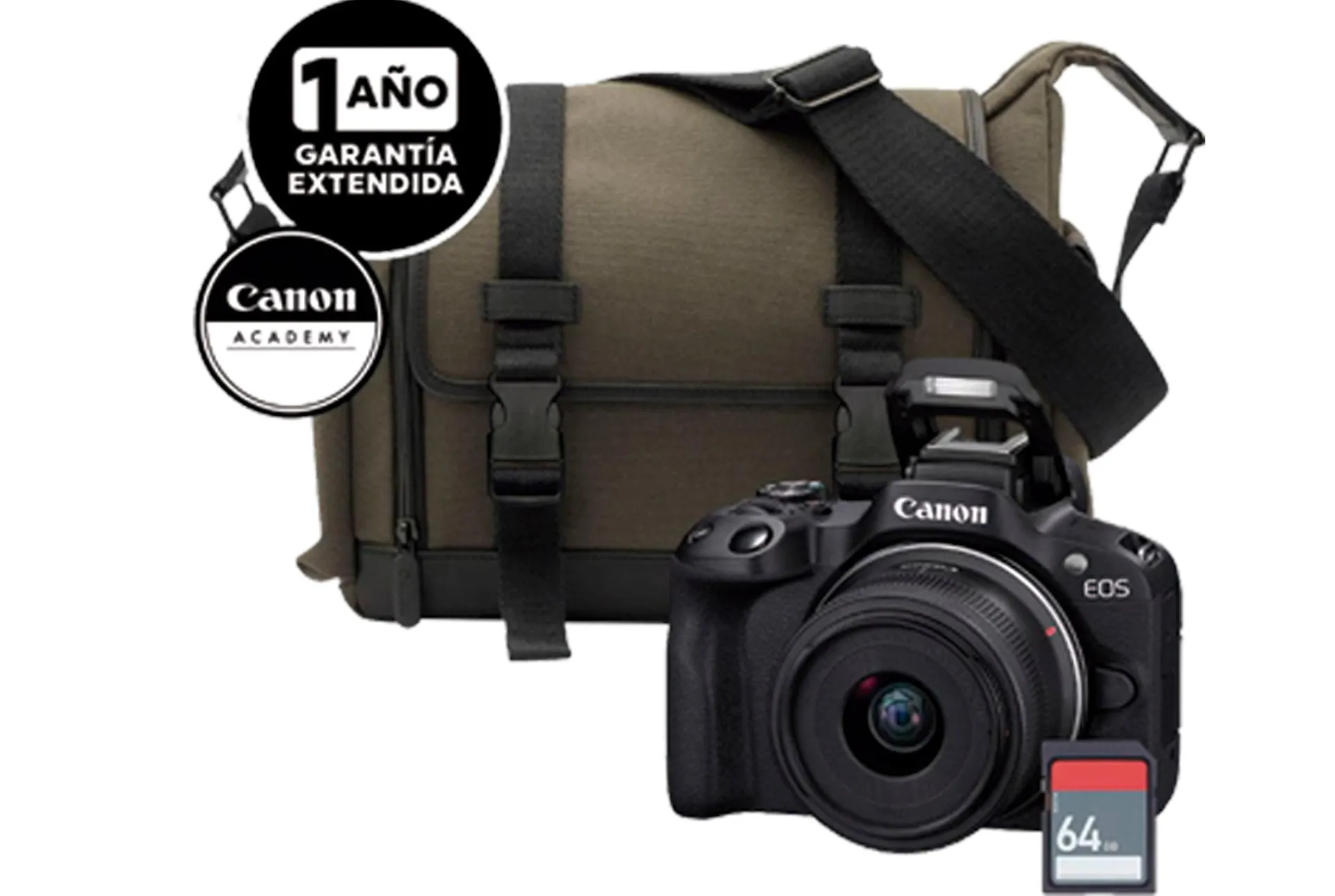 Kit EOS R50 RF-S 18-45mm IS STM+Maleta CB-MS12-GR+ 64GB SD Card+Online Curso ABC Vlogger+Garantía Extendida6GB y Estuche 200ES