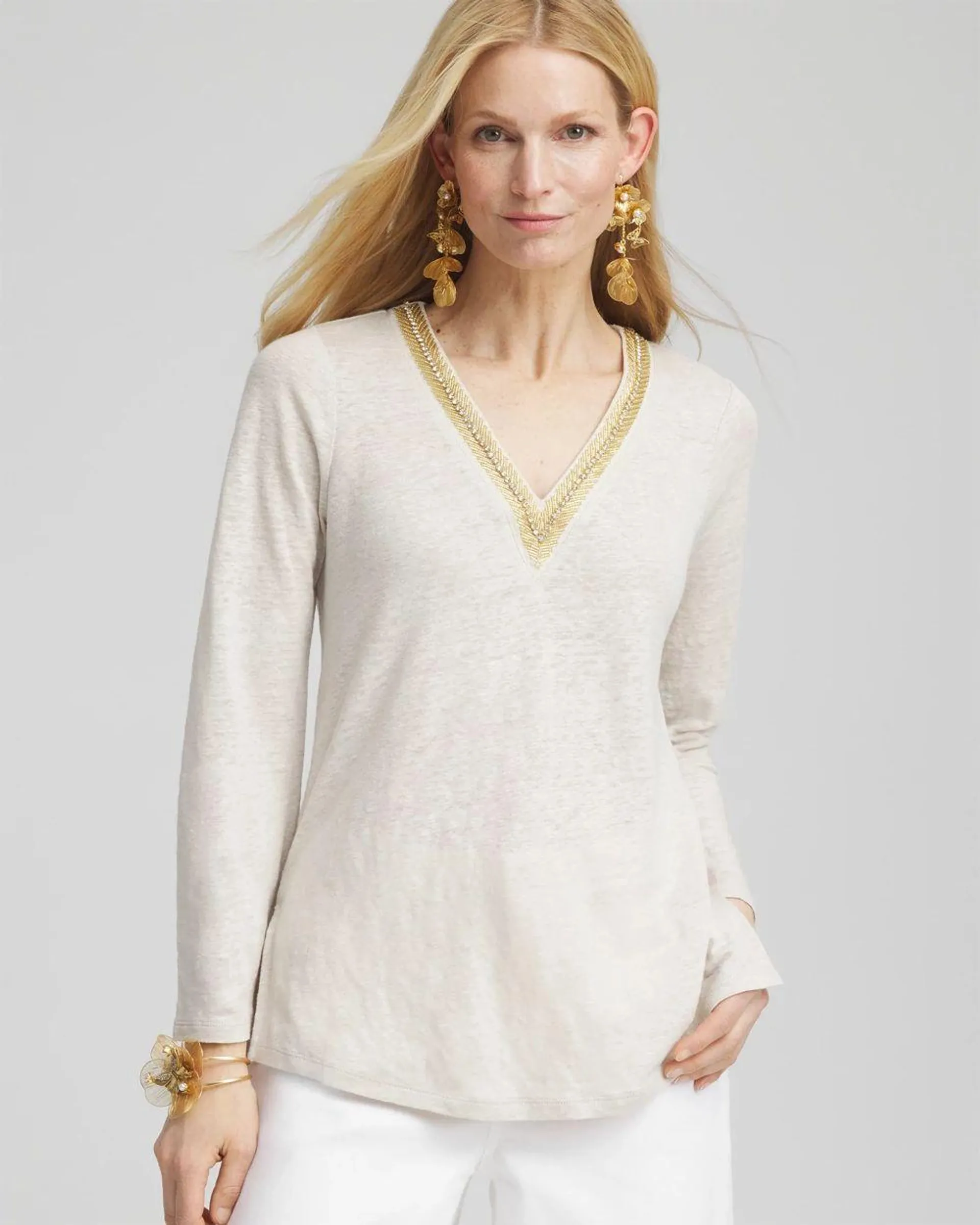 Linen Embellished V-Neck Tunic