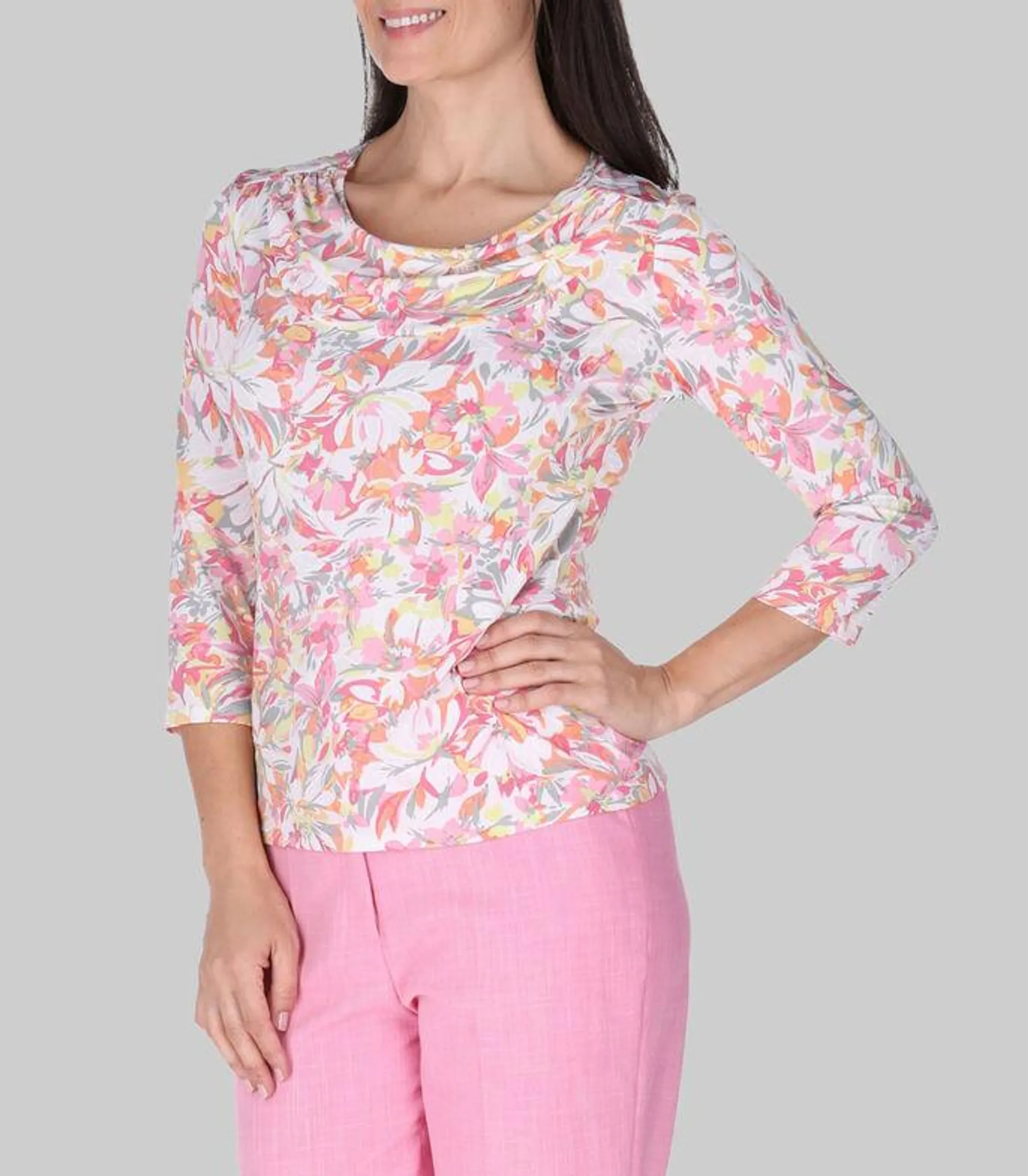 Blusa con flores de manga 3,4 Mujer