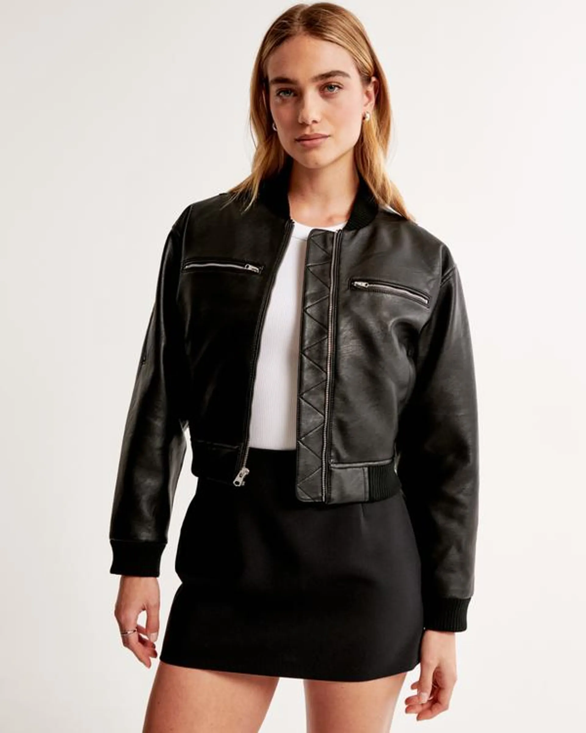 Cropped Vegan Leather Bomber Jacket