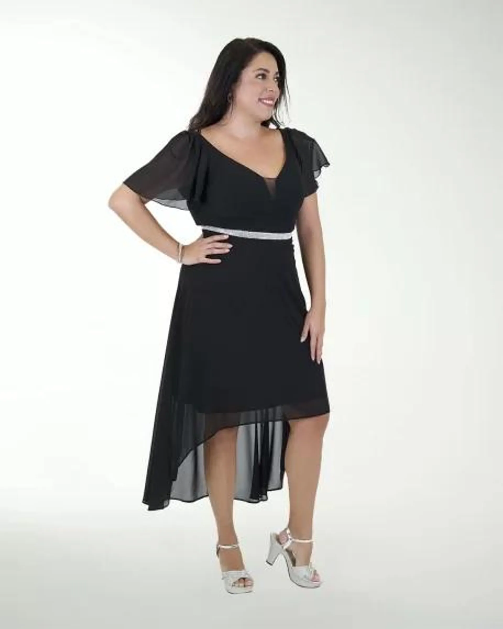 VESTIDO TE CHIFON CON MANGAS Y CINTURON