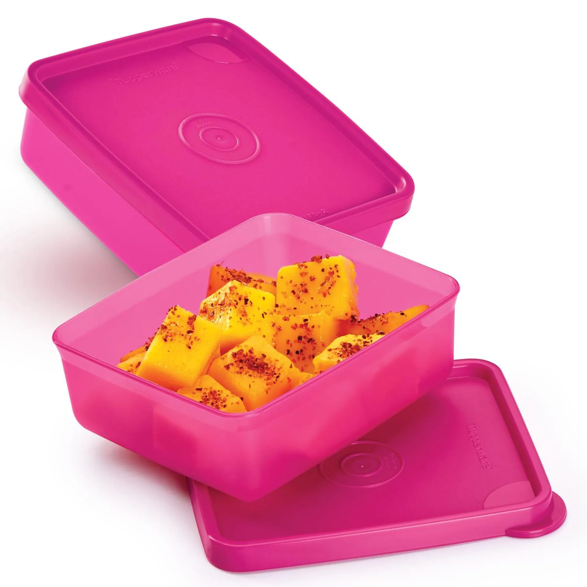 Tupperware cuadrado mini 2 piezas color rosa Largo 11cm. Ancho 10cm., Alto 5cm