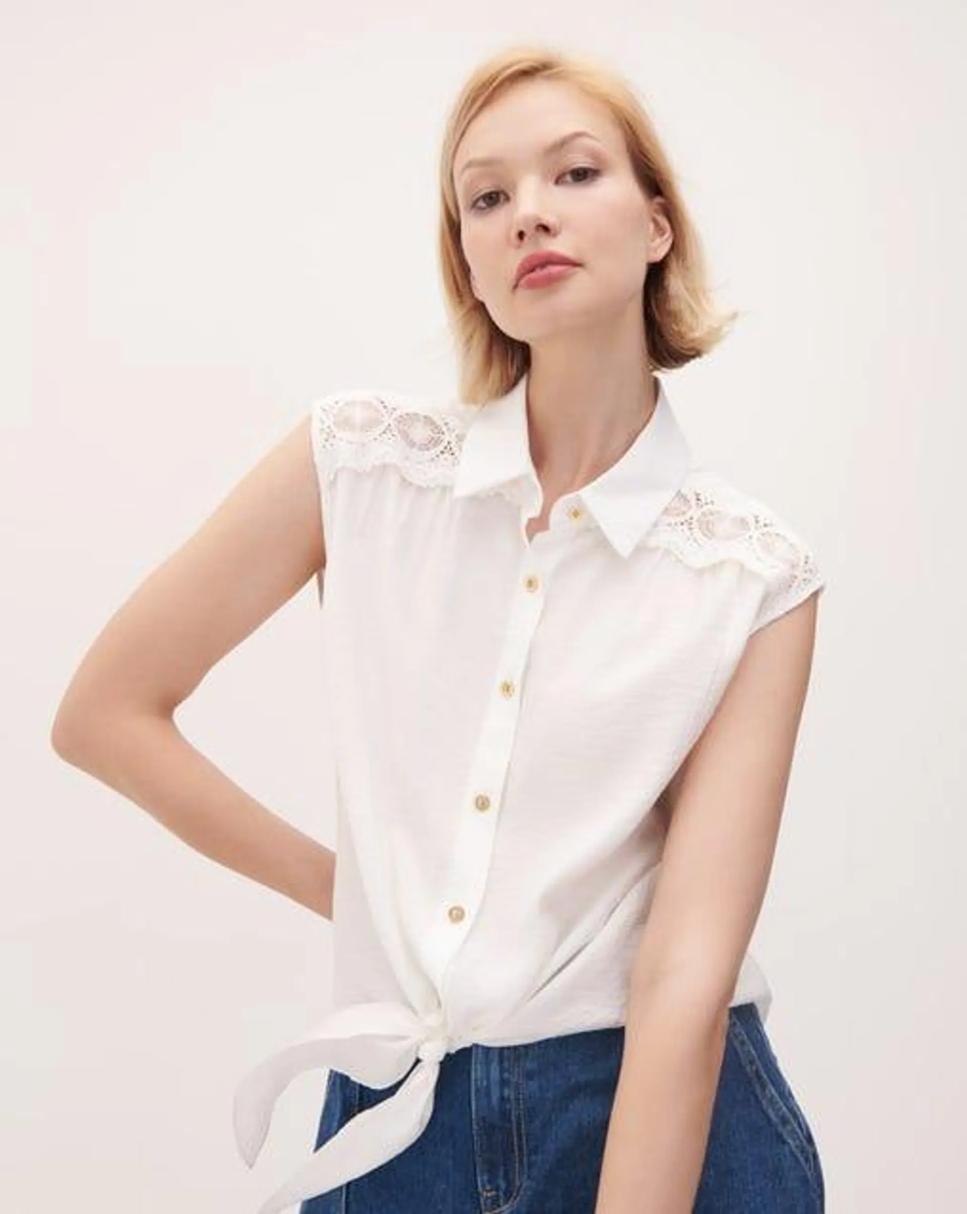 Blusa Camisera Blanca Detalles Crochet Y Amarre