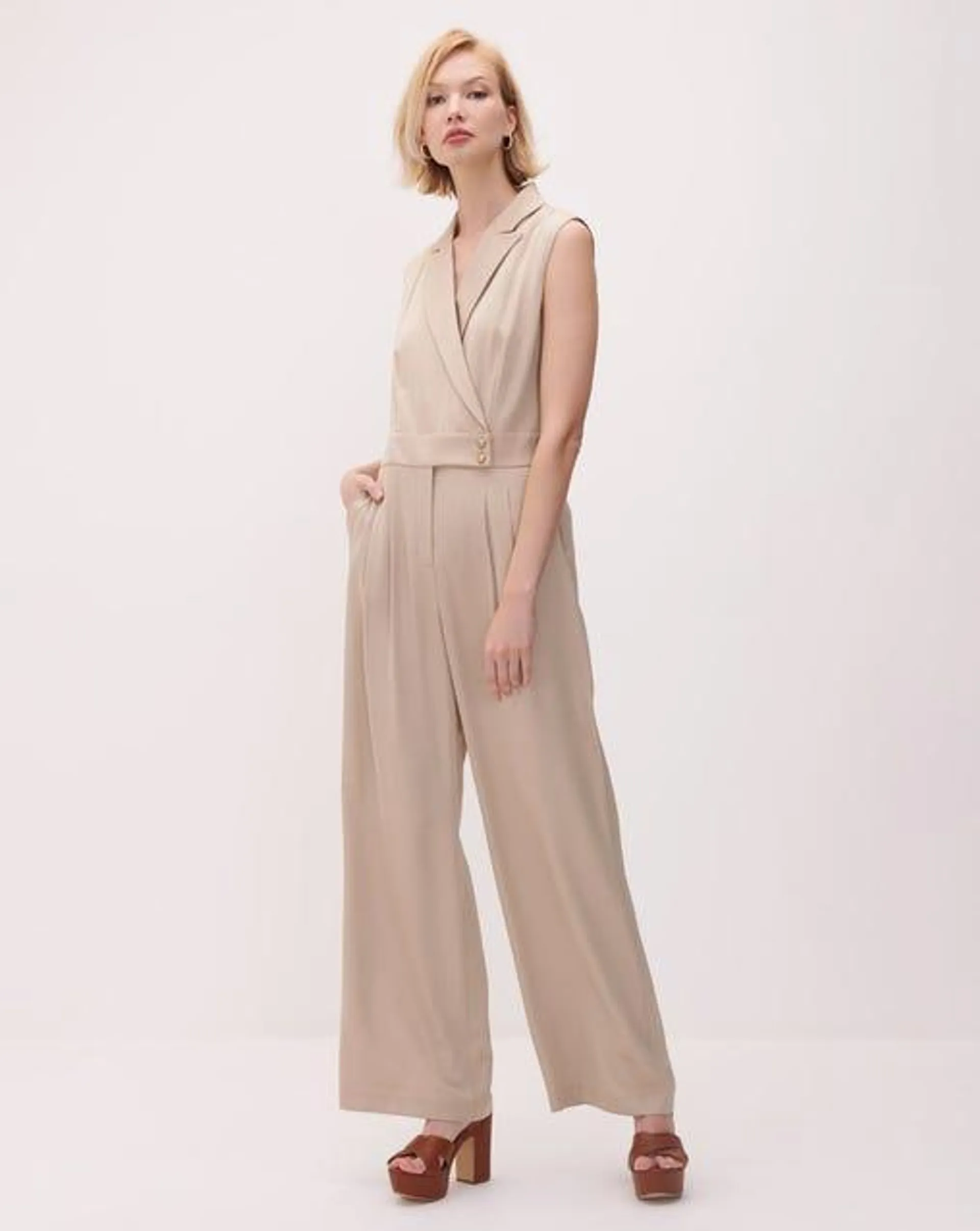 Jumpsuit Palazzo Beige De Satín Cruzado