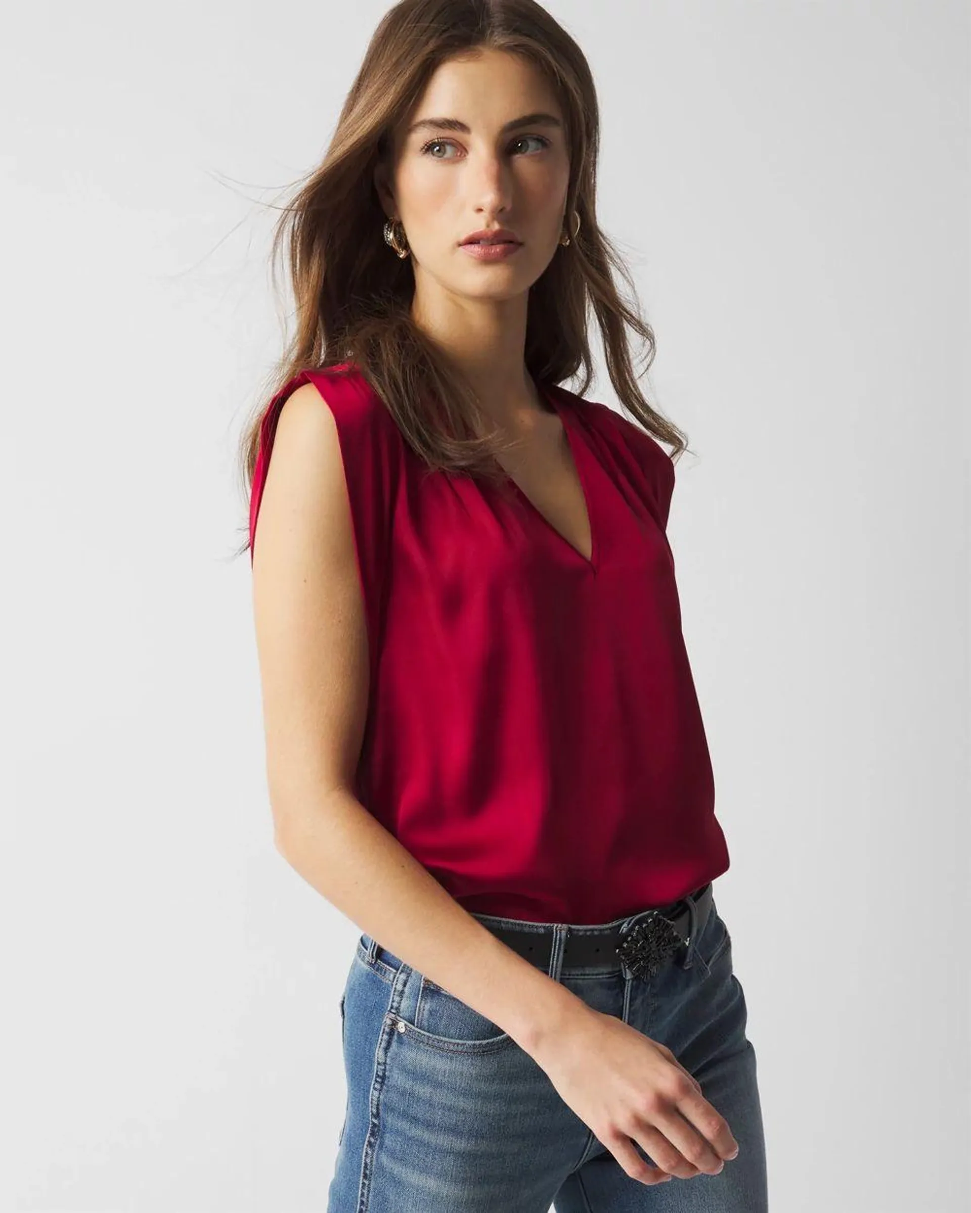 V-neck Ruched Shoulder Shell Top