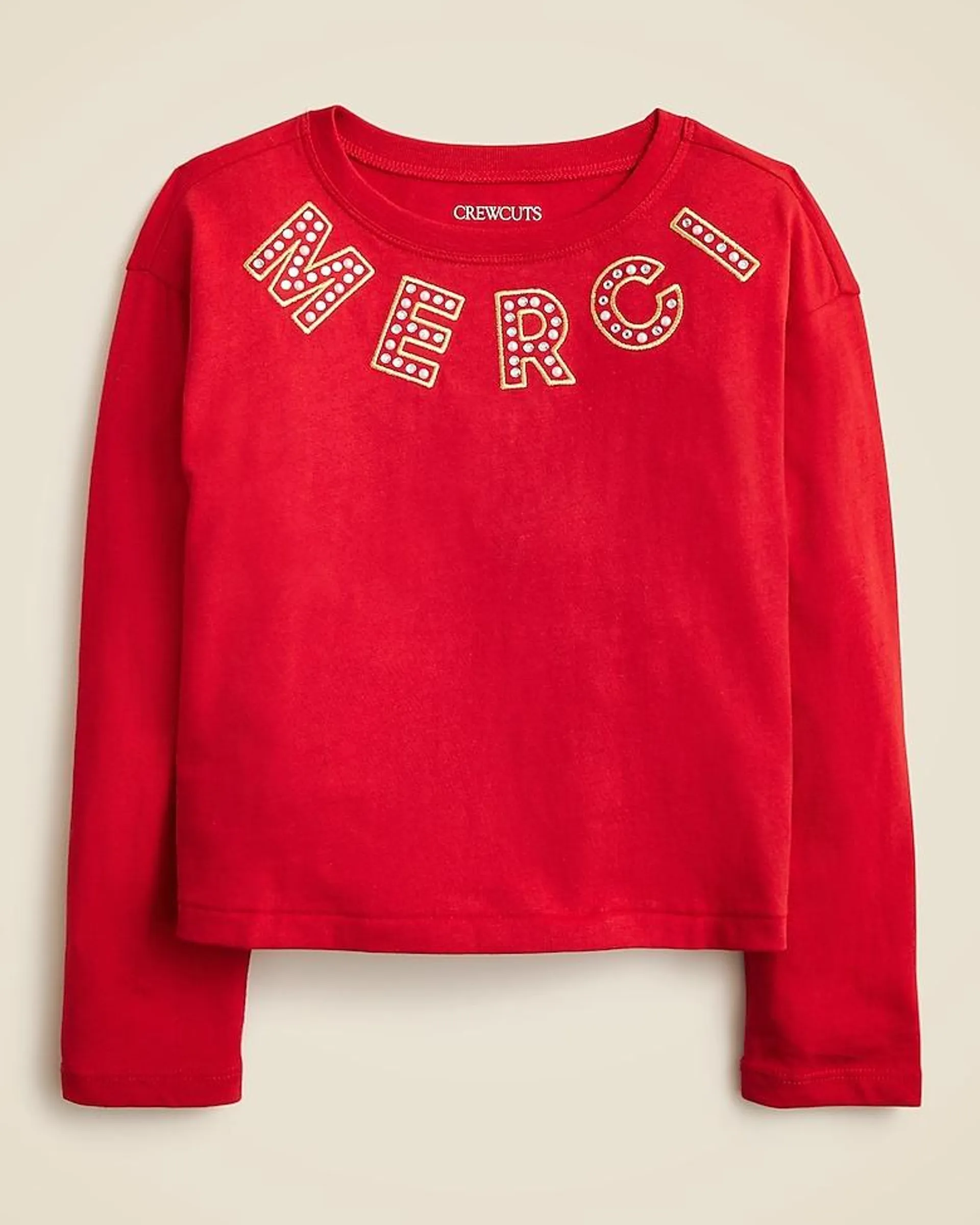 Girls' long-sleeve embellished "Merci" graphic T-shirt