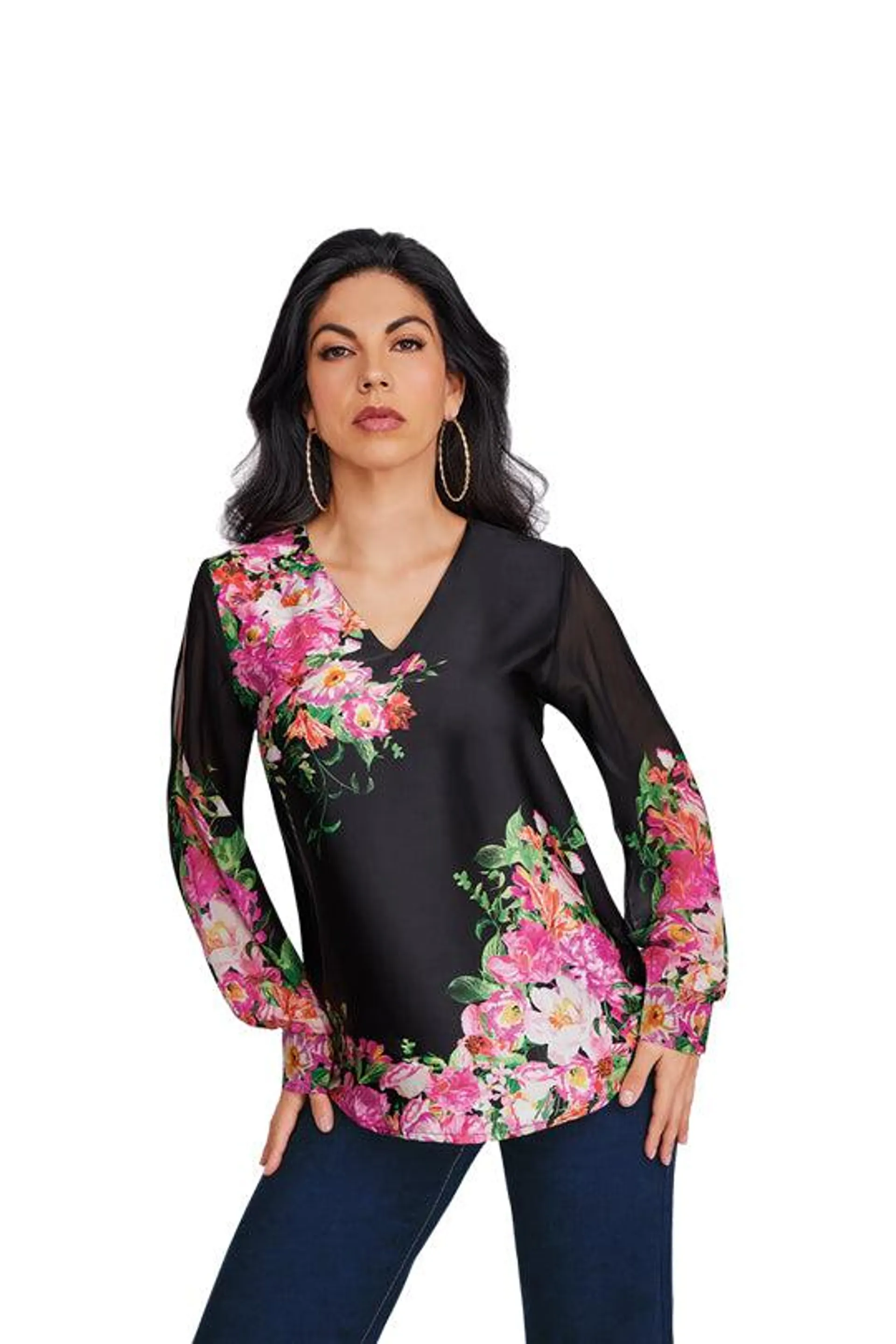 Blusa negra con estampado de flore 96542