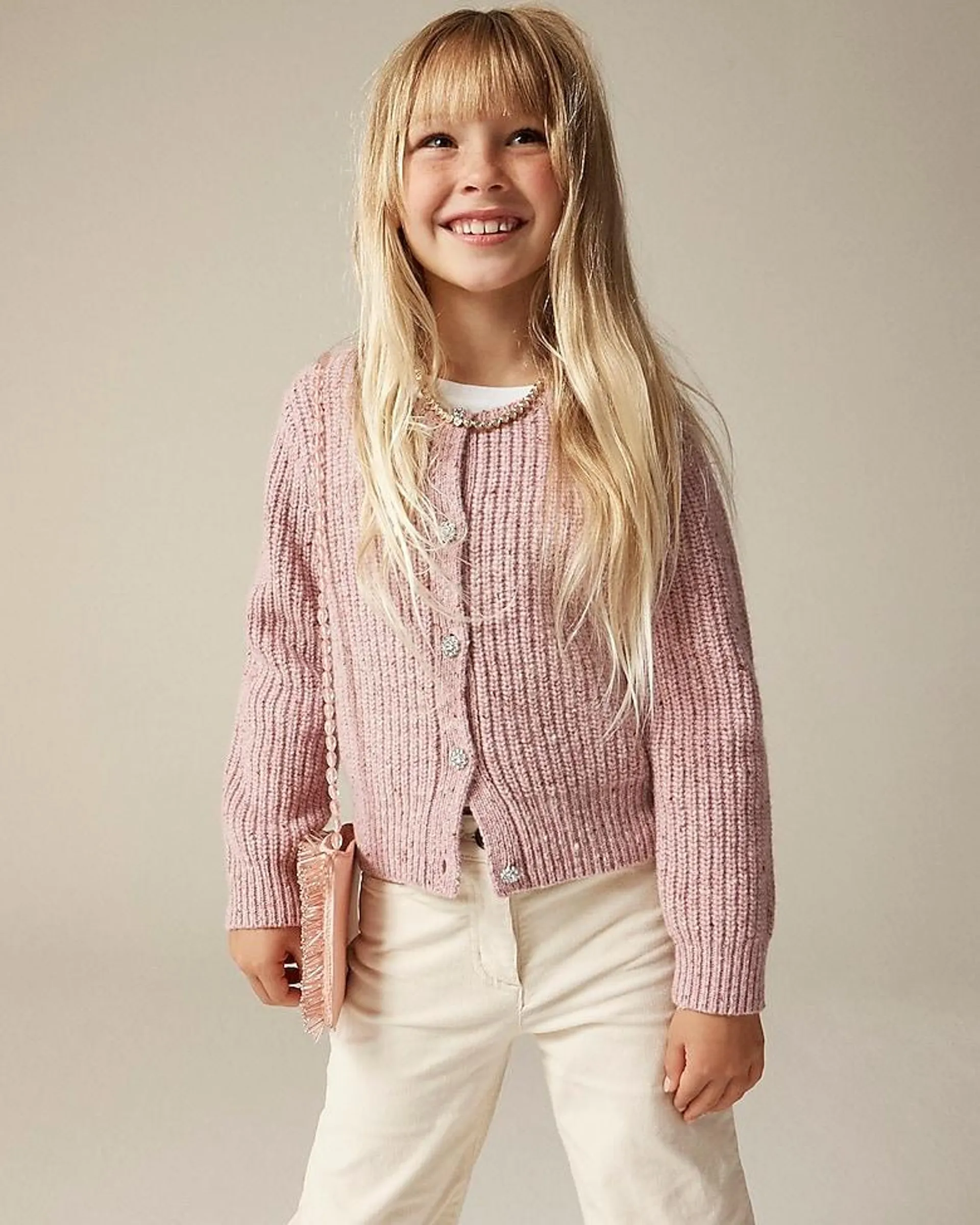 Girls' jewel-button cardigan sweater in donegal-inspired wool blend