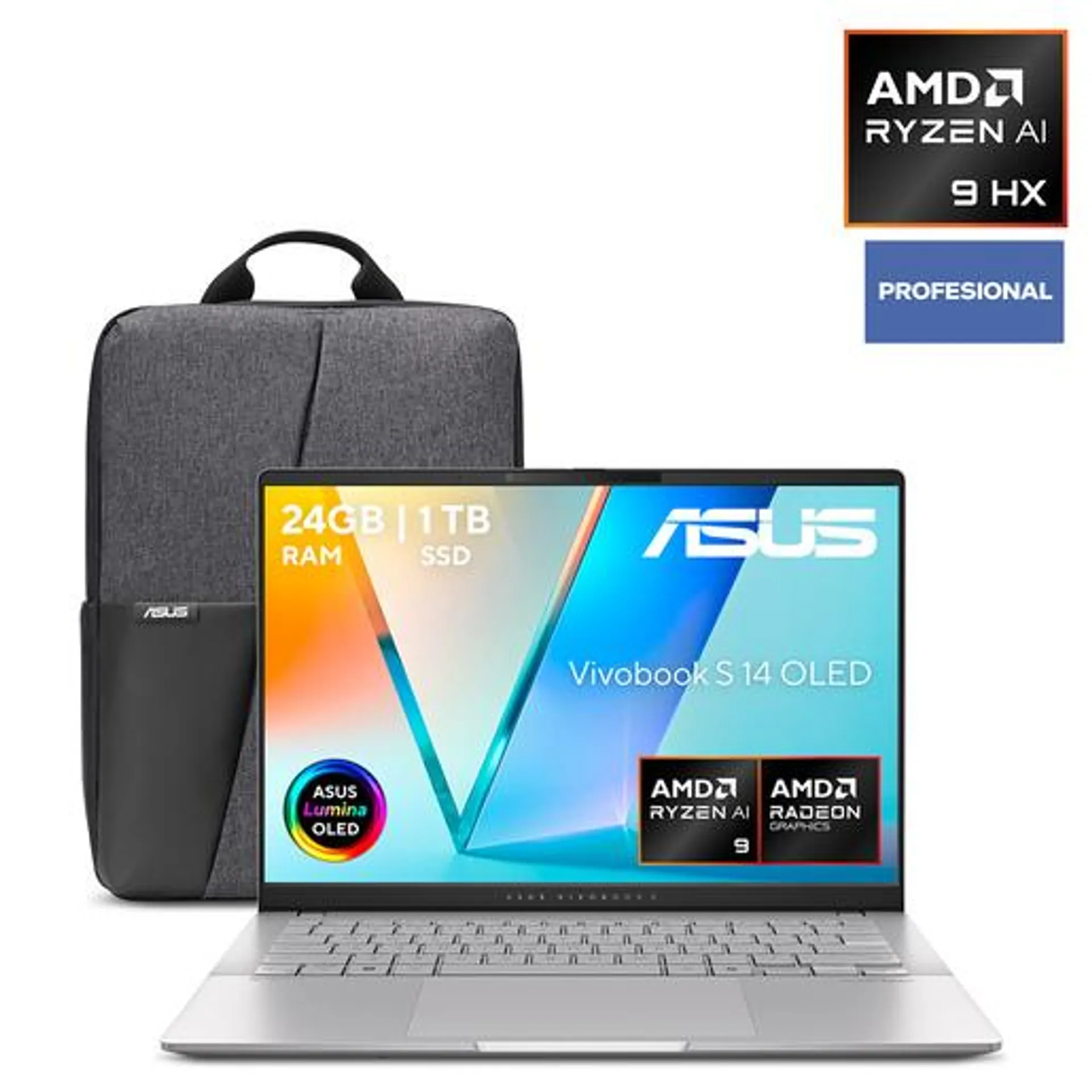 Laptop Asus Vivobook S 14 FHD 14 pulg. AMD Ryzen AI 9 365 1tb SSD 24gb RAM más Mochila Asus Gris