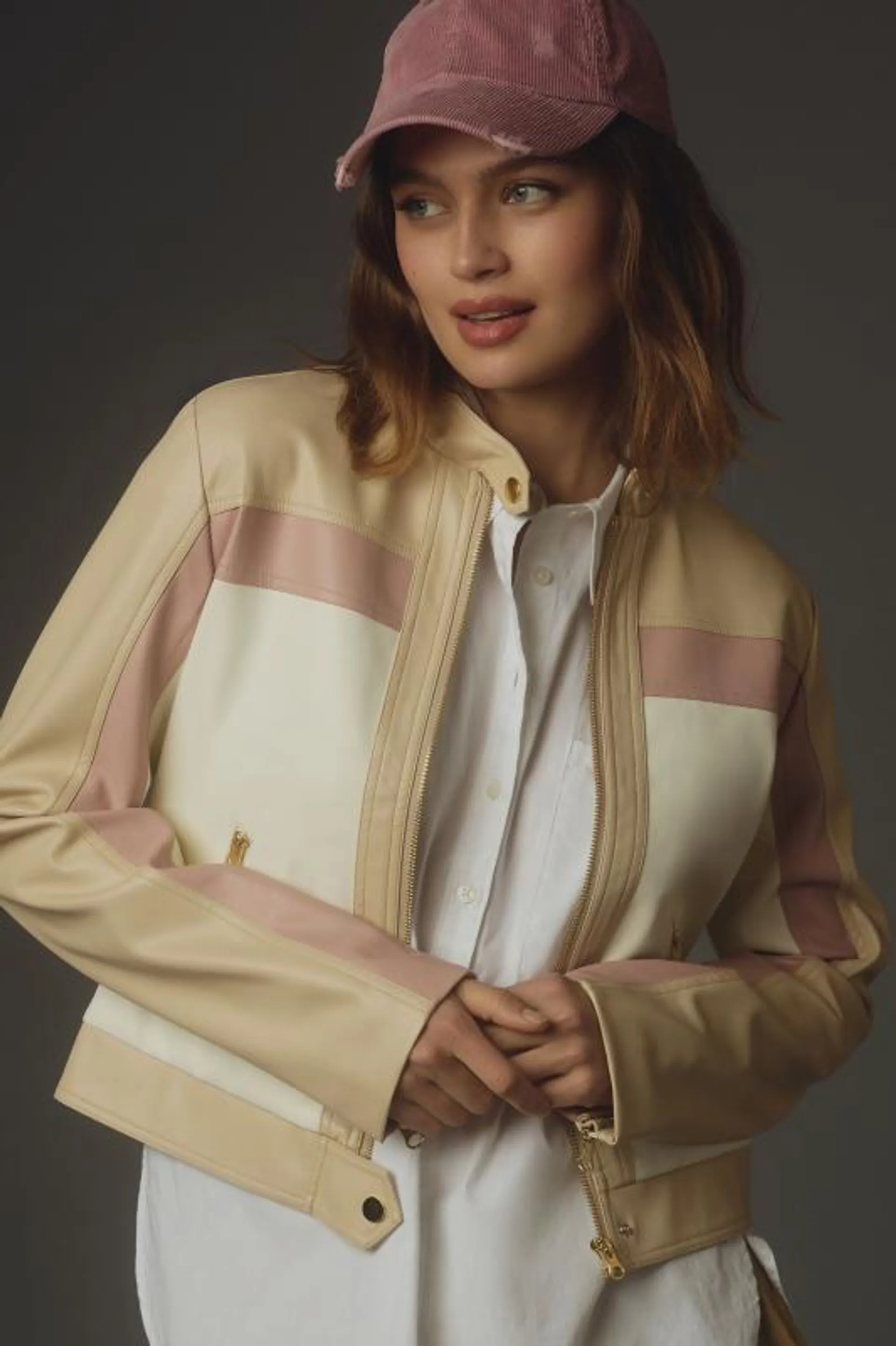By Anthropologie Faux Leather Colorblock Bomber Jacket
