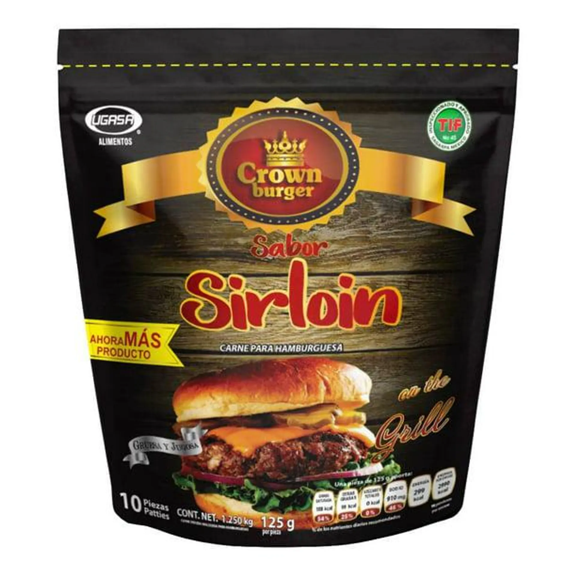 Carne para hamburguesa Crown Burger sabor sirloin 10 pzas 125 g c/u