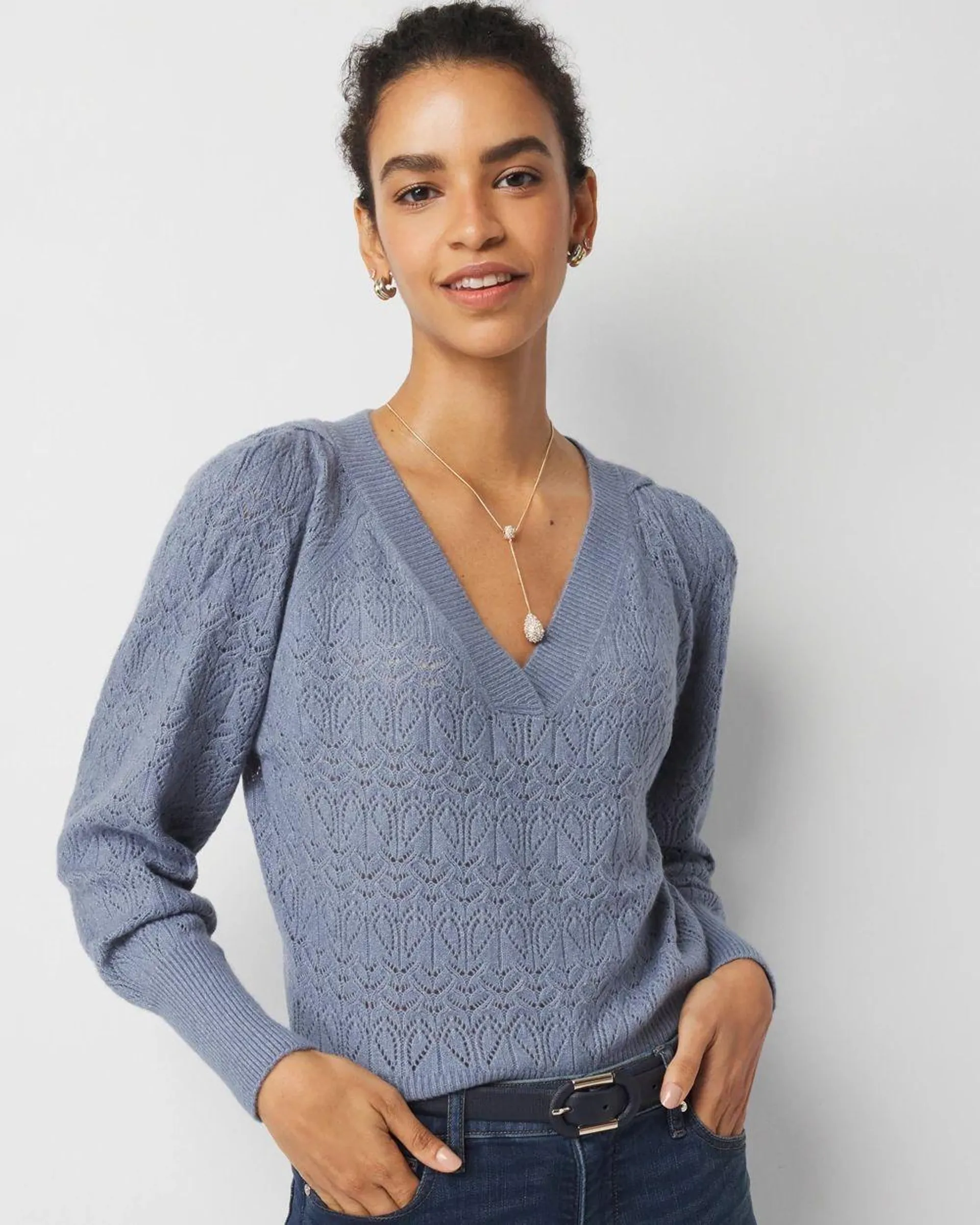 Pleated Shoulder Pointelle Sweater