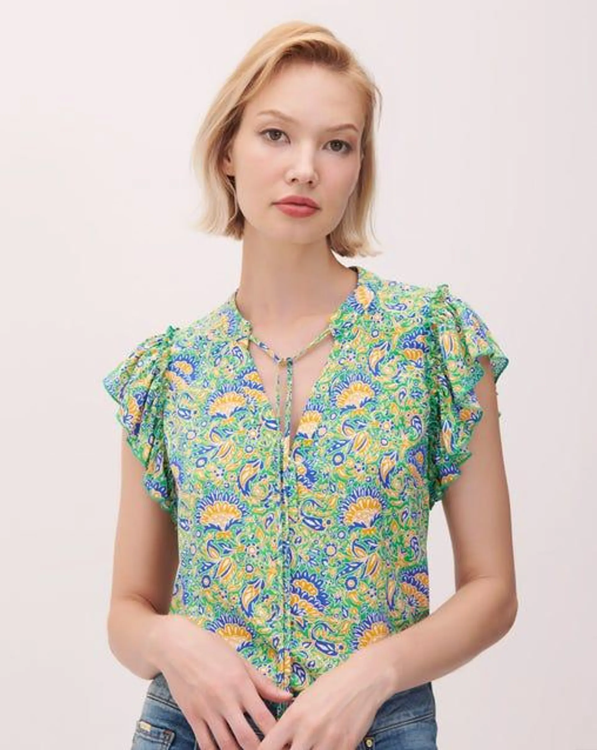 Blusa Escote V Estampado Floral Manga Escarola