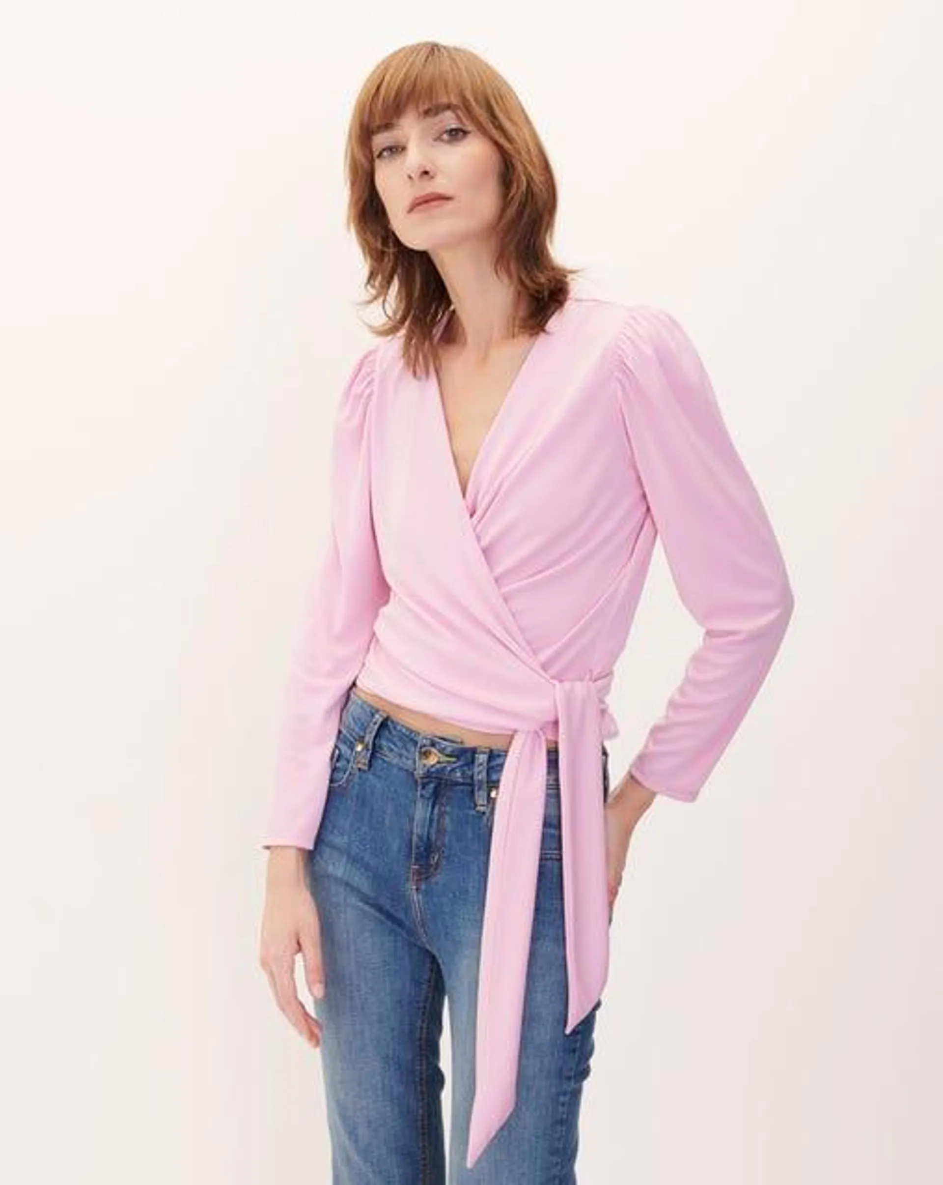 Blusa Envolvente De Punto Rosa Escote V