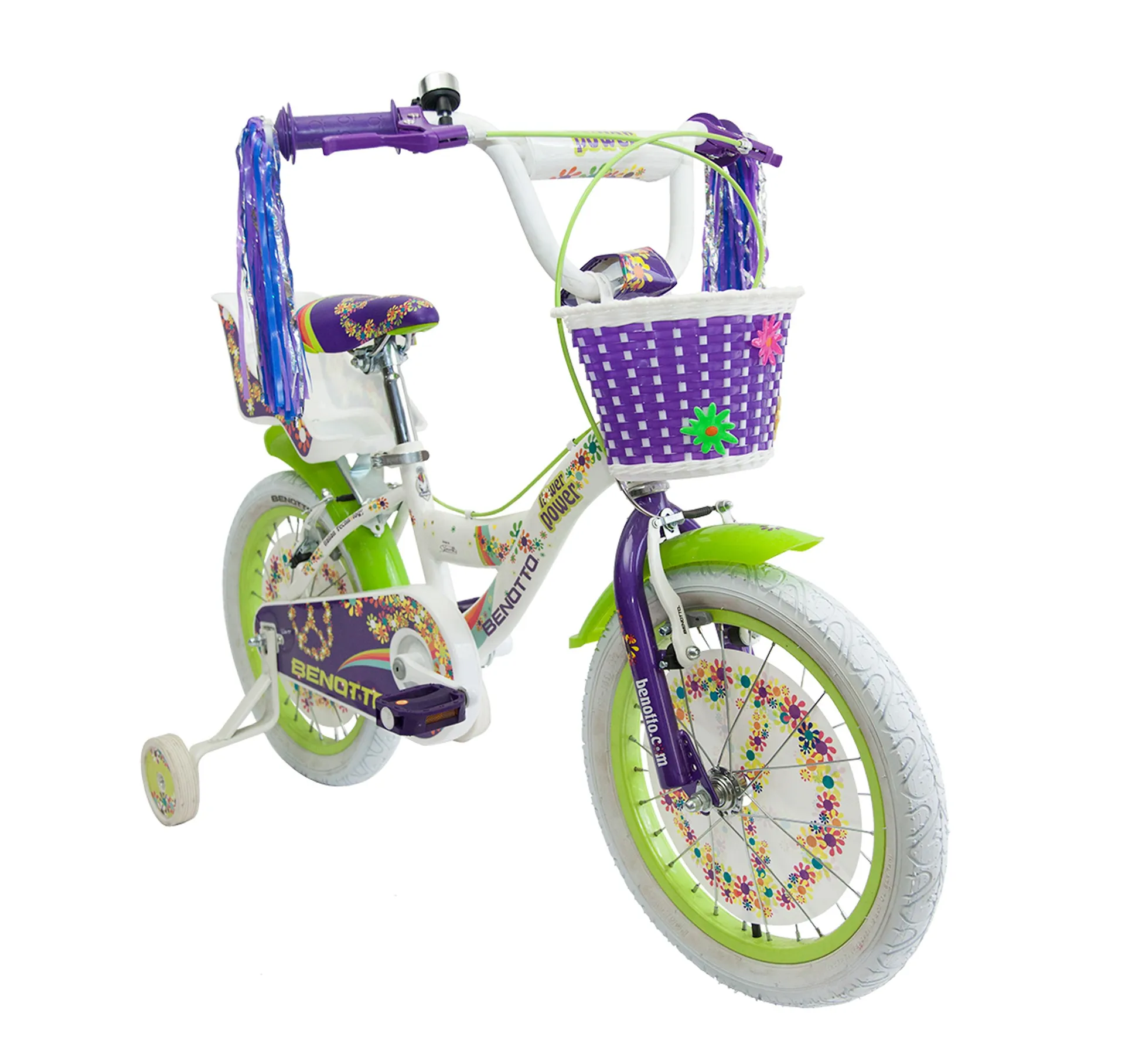 Bicicleta BENOTTO BMX FLOWER POWER R16 1V. Niña Frenos ”V” Ruedas Laterales Acero Blanco Mate/Morado Talla:UN