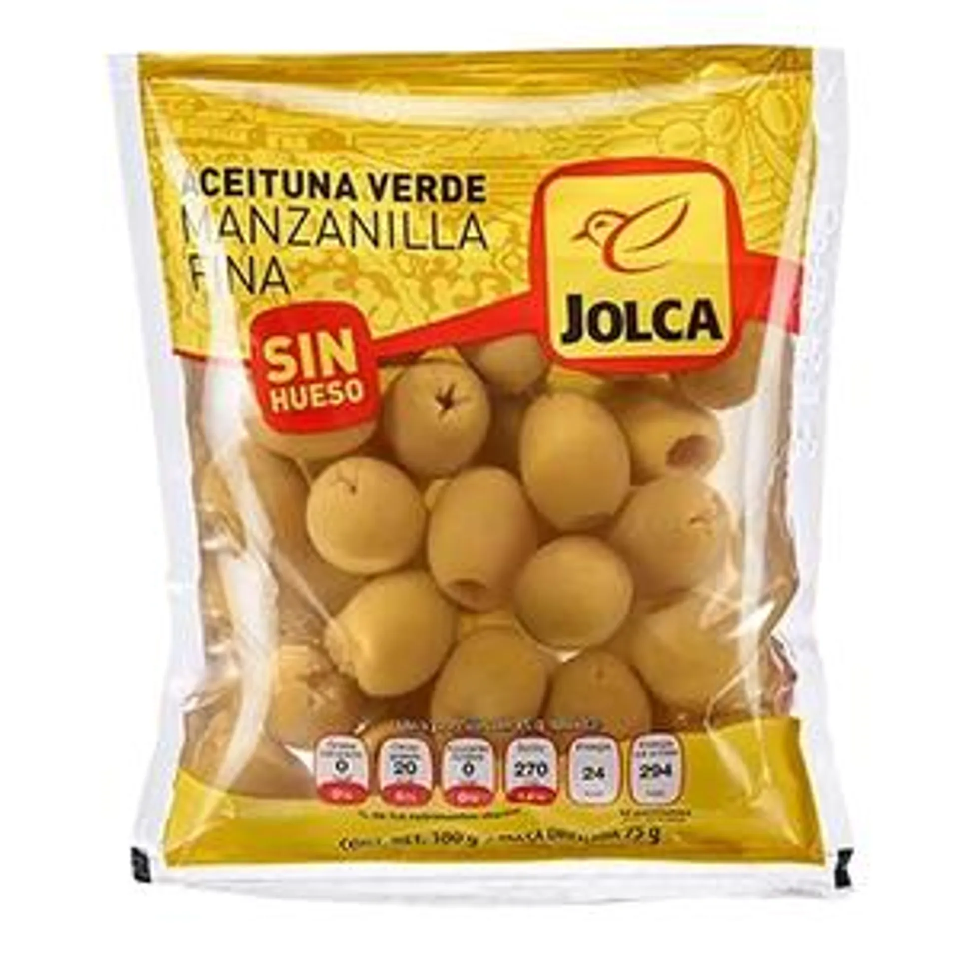 ACEITUNA MANZANILLA DESHUEZADA JOLCA BOLSA 180 GR.