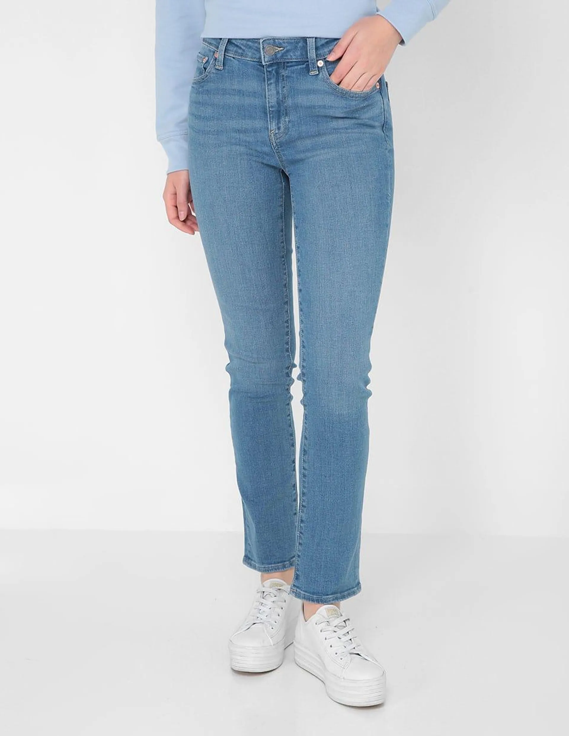 Jeans straight lavado deslavado corte cintura para mujer