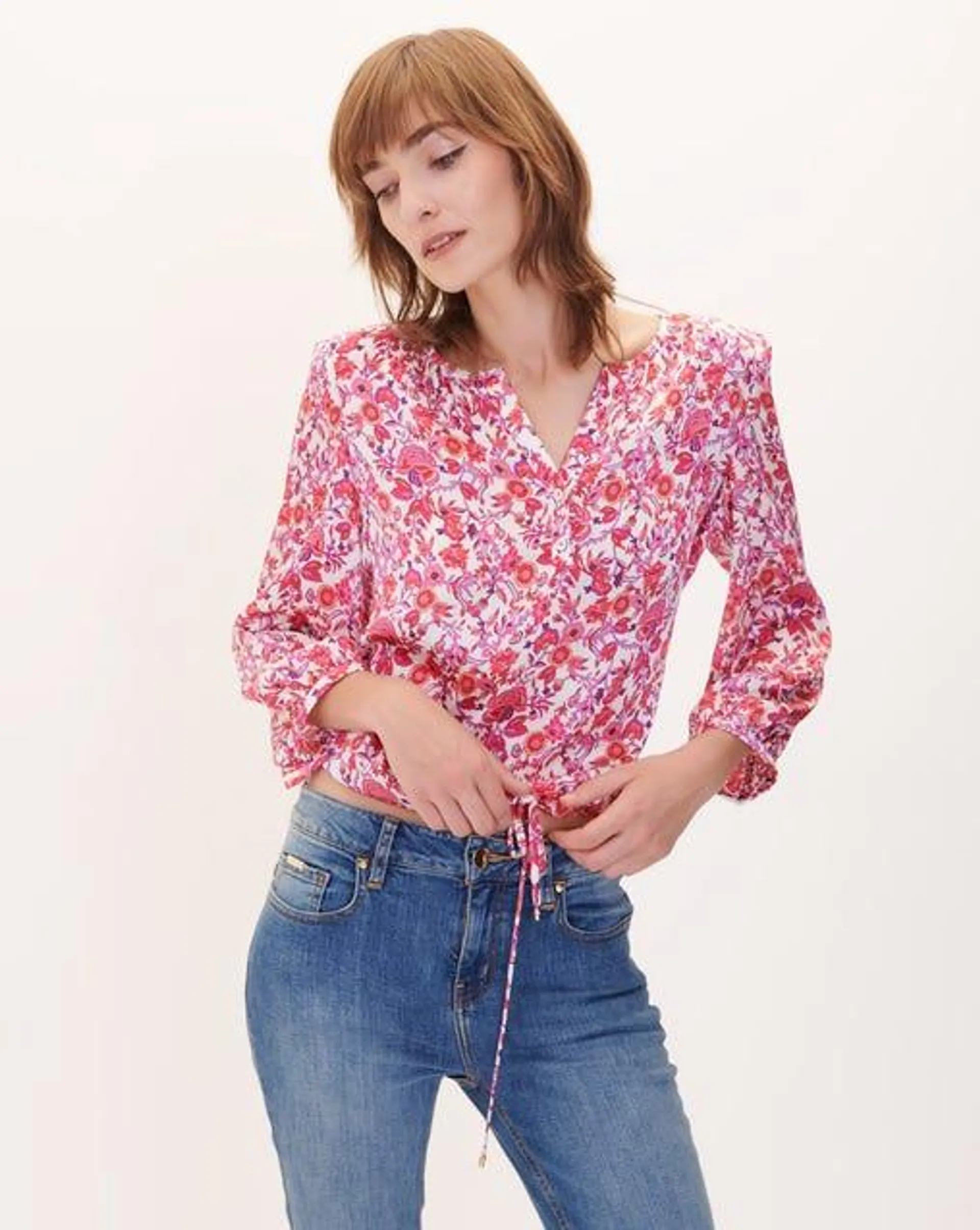 Blusa Satín Estampado Floral Con Hombreras