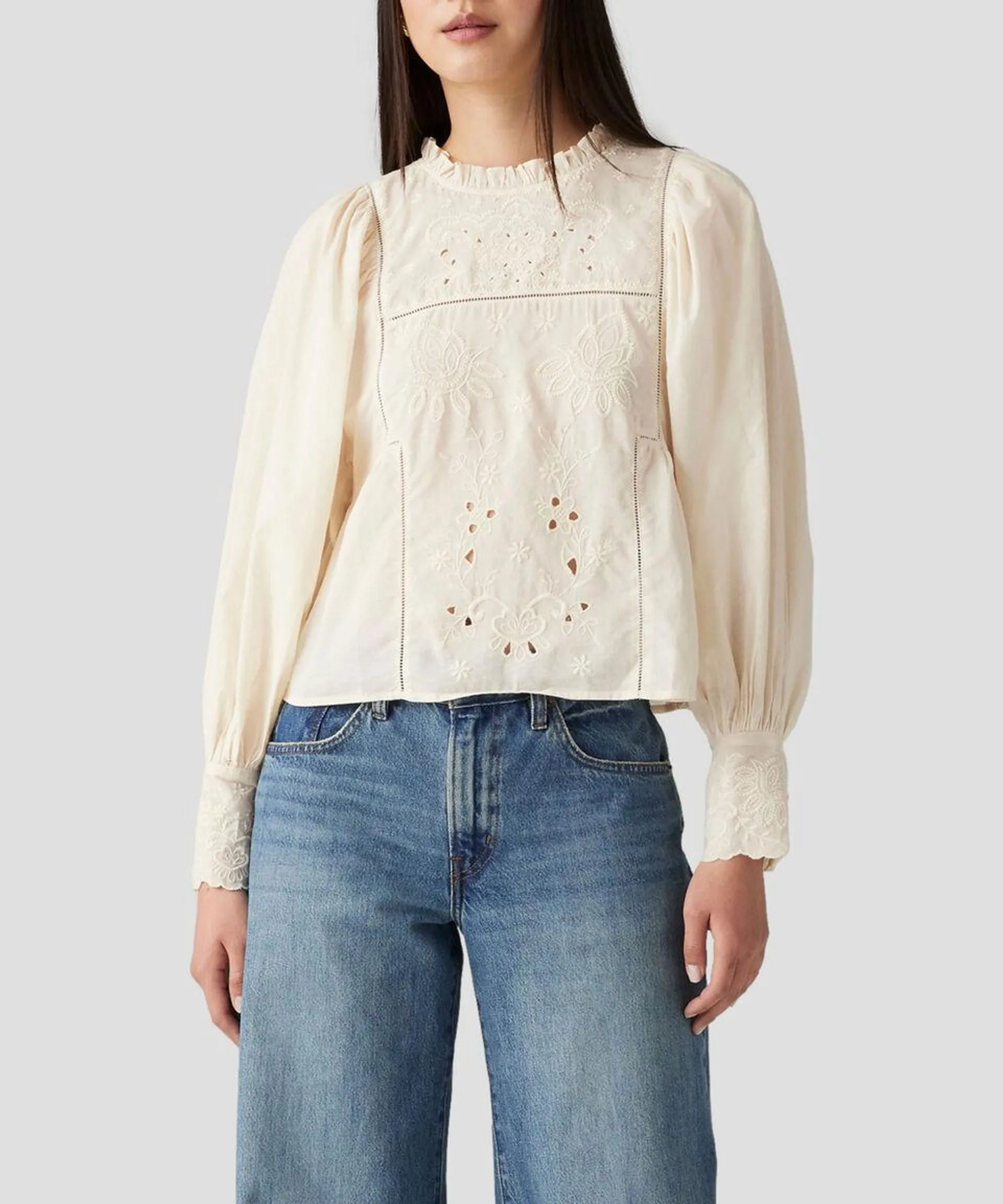 Blusa con bordados manga larga Mujer