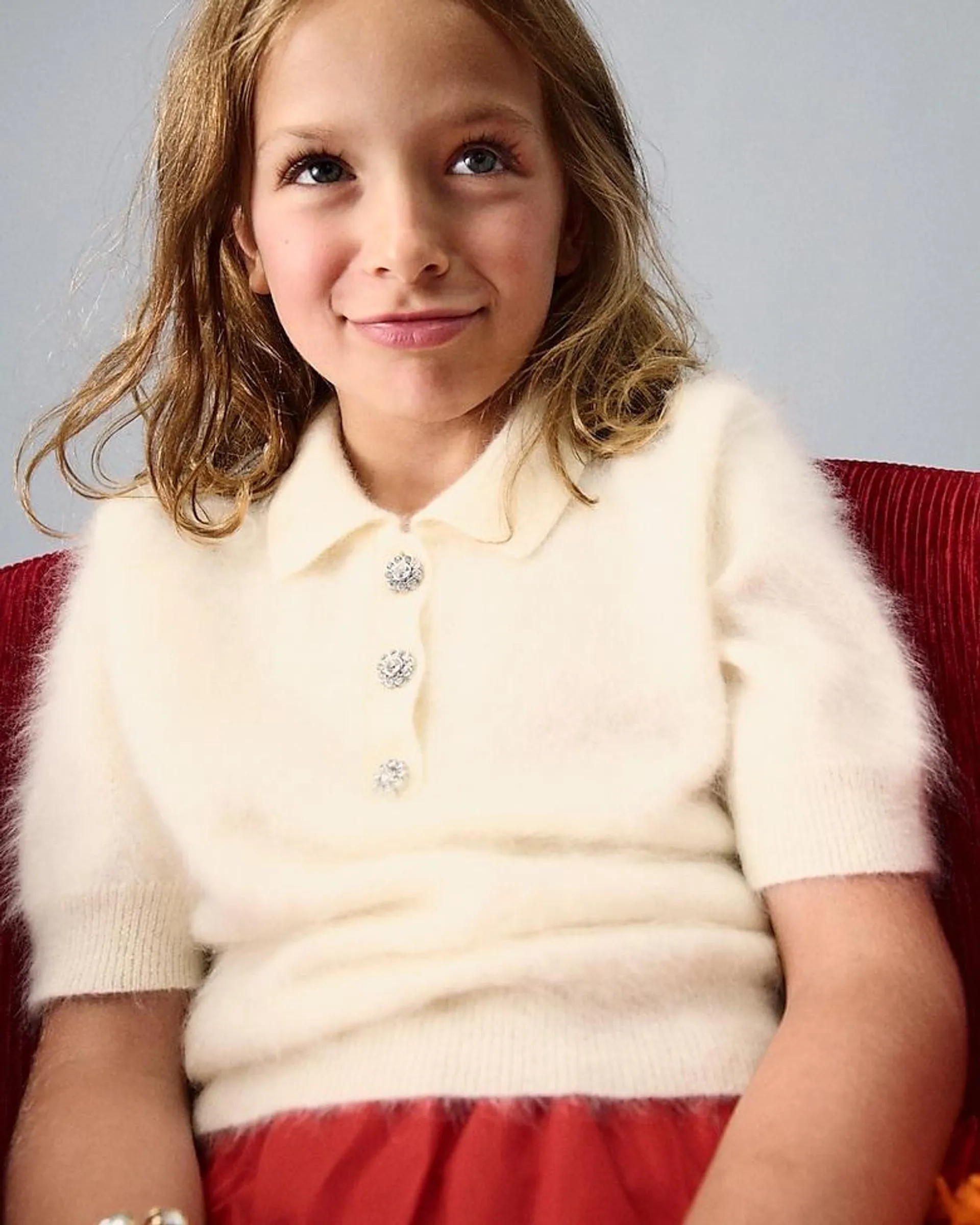 Girls' brushed cashmere polo with jewel buttons