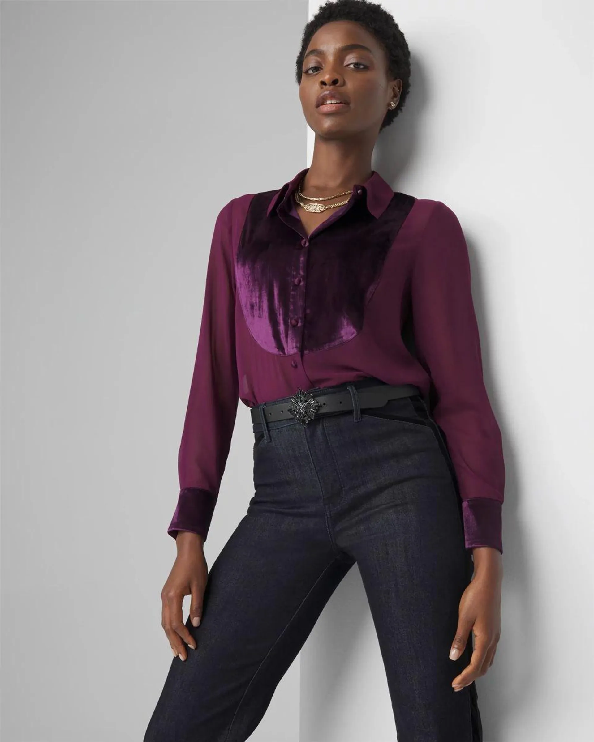 Velvet & Chiffon Tuxedo Shirt